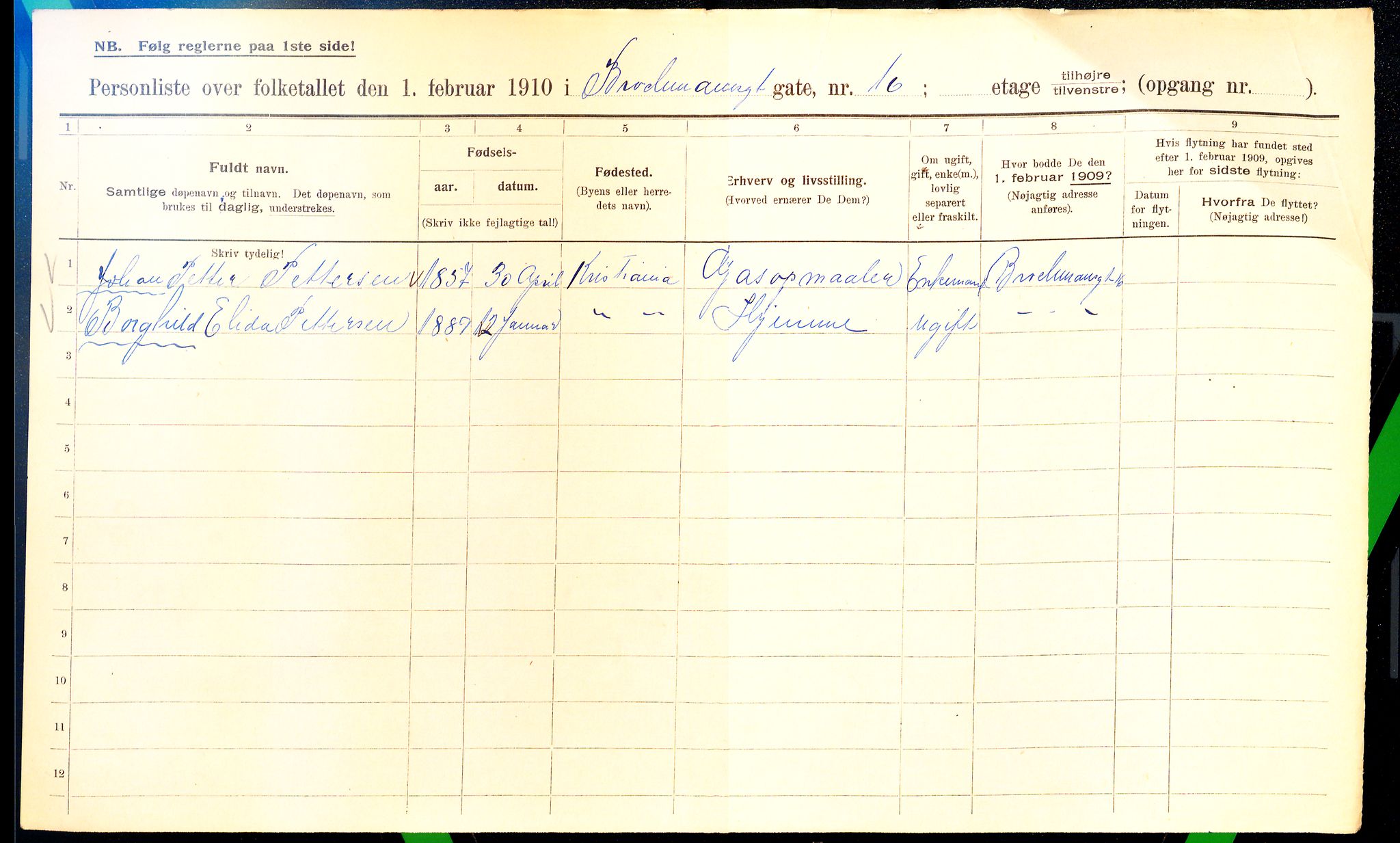 OBA, Municipal Census 1910 for Kristiania, 1910, p. 9284