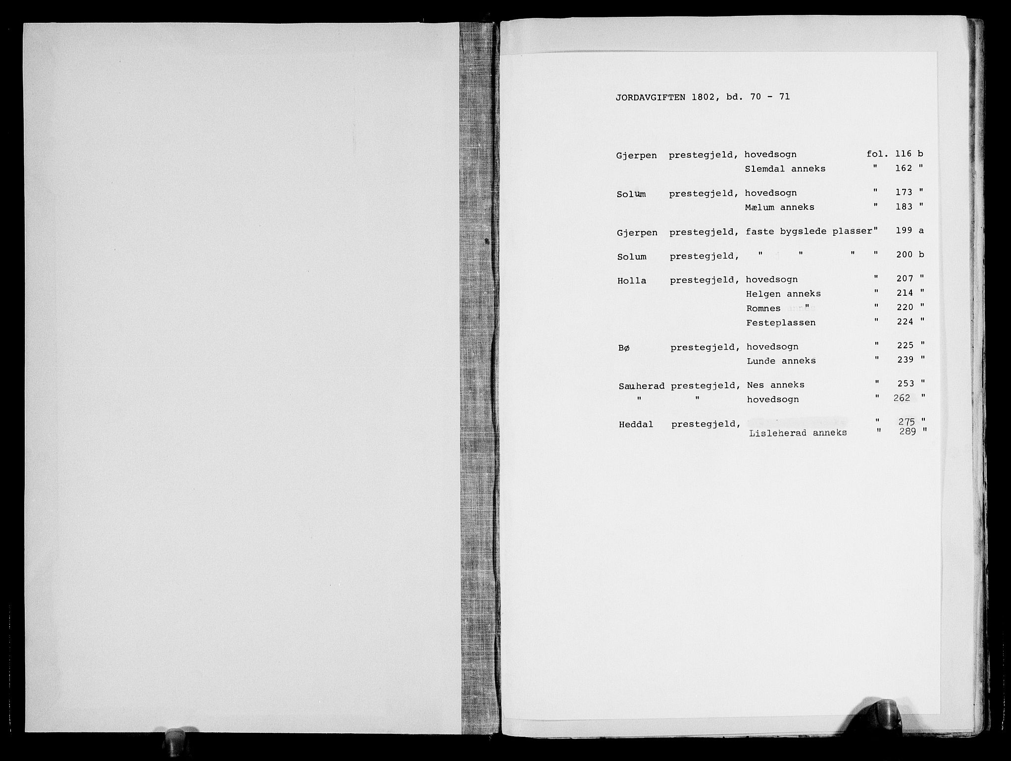 Rentekammeret inntil 1814, Realistisk ordnet avdeling, AV/RA-EA-4070/N/Ne/Nea/L0070: og 0071: Nedre Telemarken og Bamble fogderi. Kommisjonsprotokoll for Gjerpen, Solum, Holla, Bø, Sauherad og Heddal prestegjeld., 1803, p. 1