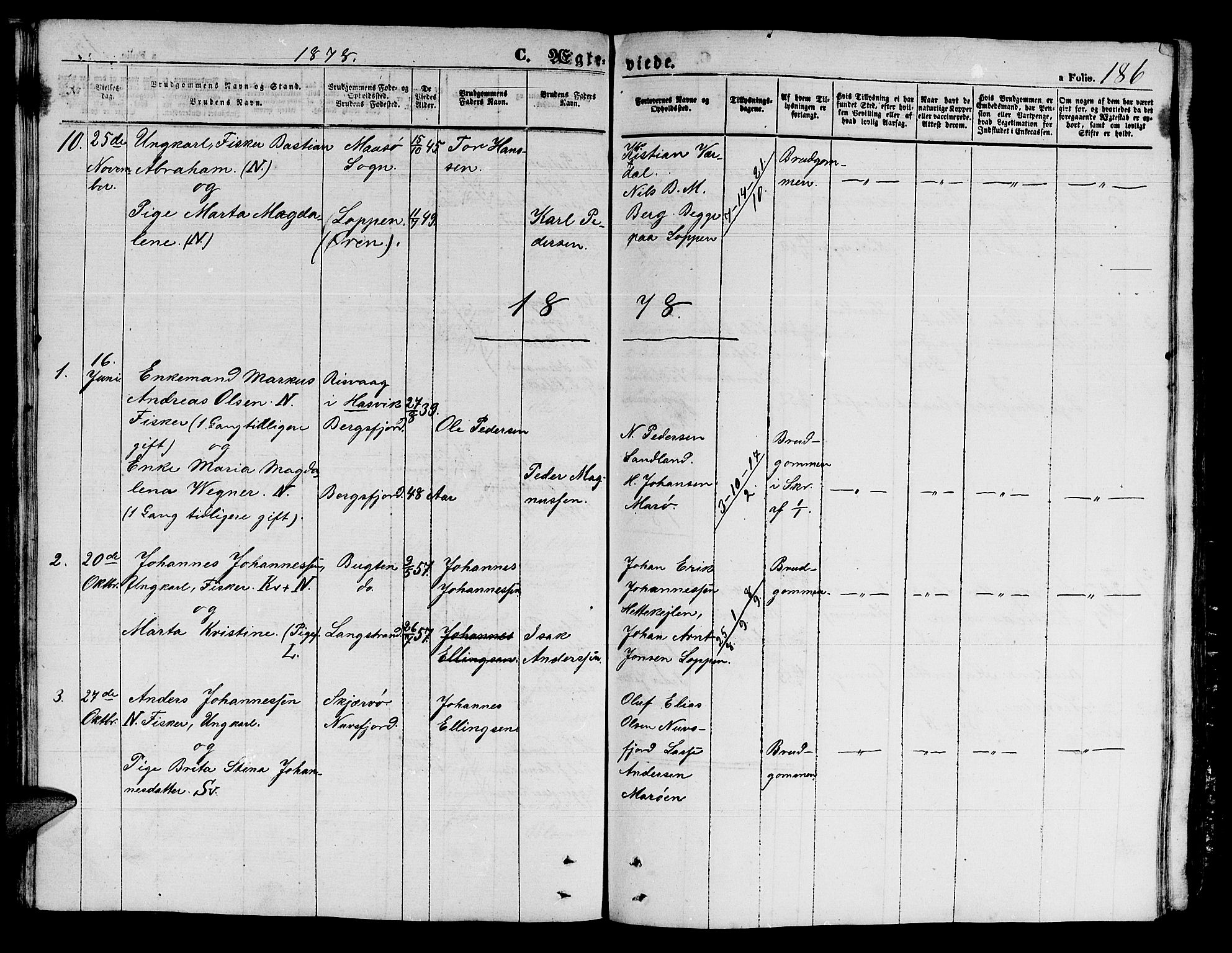 Loppa sokneprestkontor, SATØ/S-1339/H/Hb/L0002klokker: Parish register (copy) no. 2, 1850-1880, p. 186