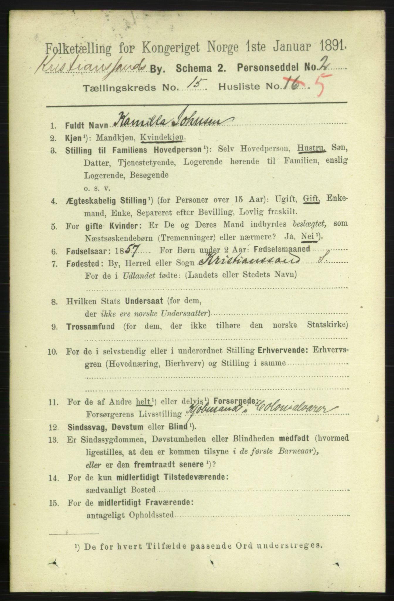 RA, 1891 census for 1001 Kristiansand, 1891, p. 6345