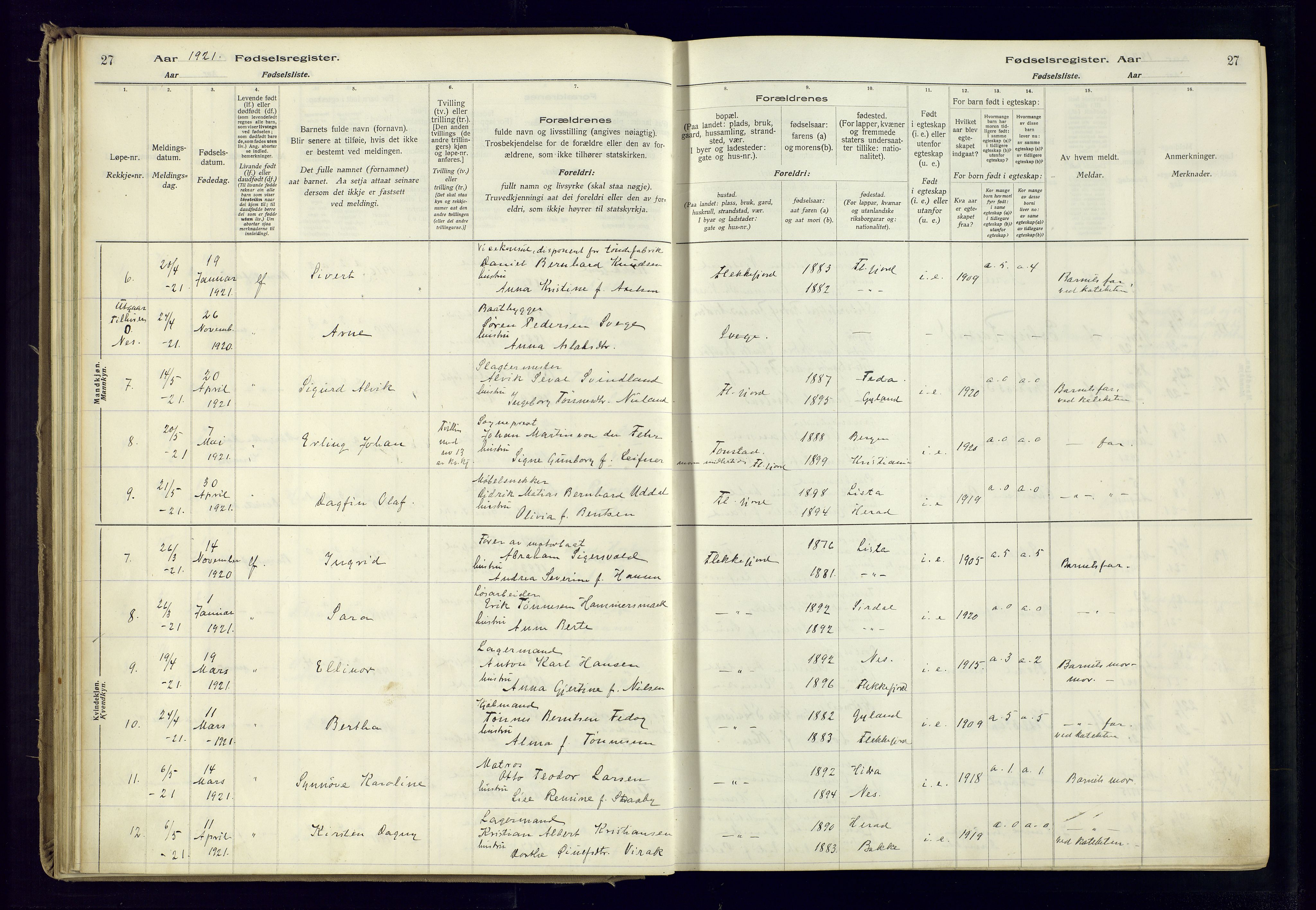 Flekkefjord sokneprestkontor, AV/SAK-1111-0012/J/Ja/L0001: Birth register no. 1, 1916-1948, p. 27