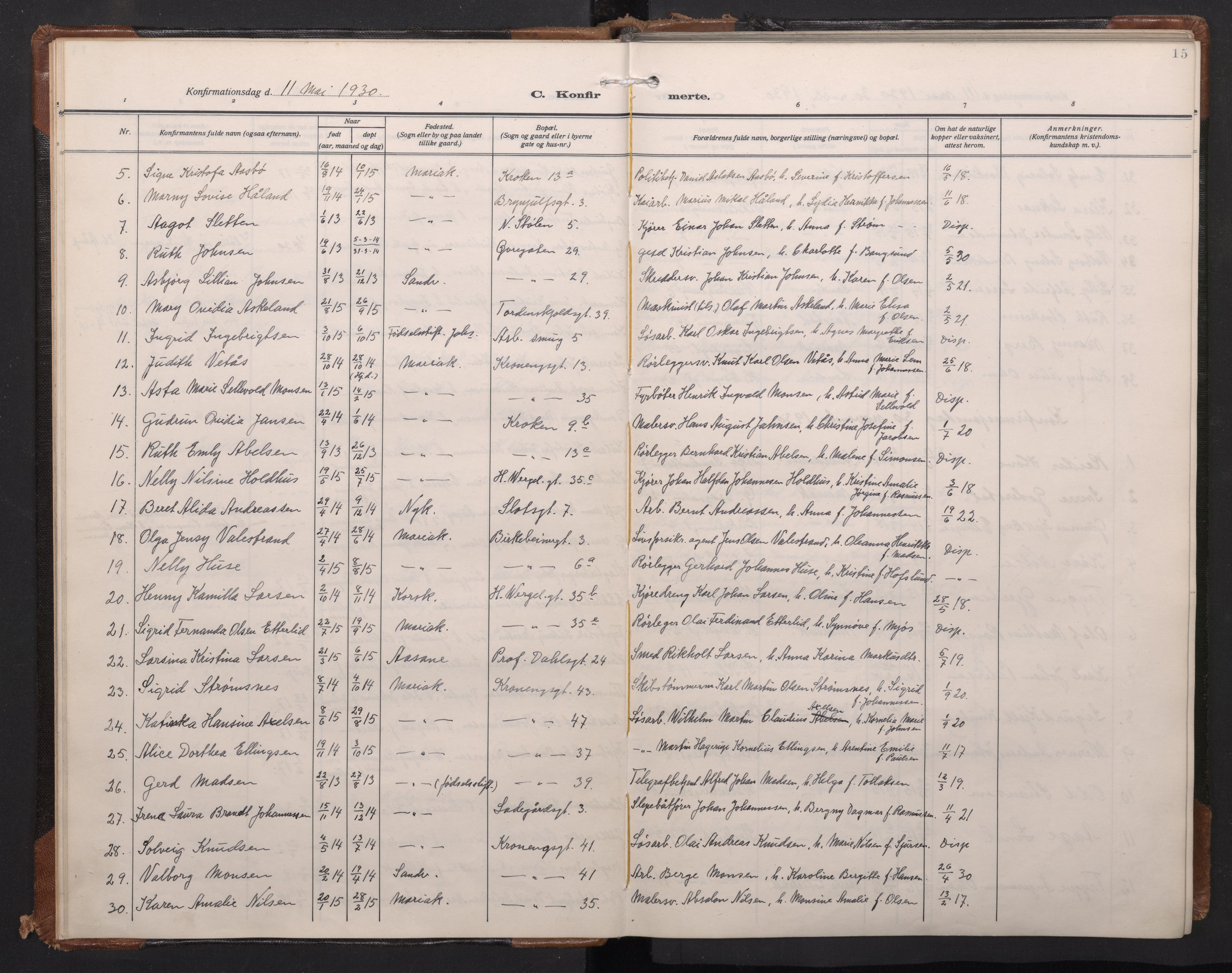 Mariakirken Sokneprestembete, SAB/A-76901/H/Haa/L0016: Parish register (official) no. C 4, 1927-1938, p. 14b-15a