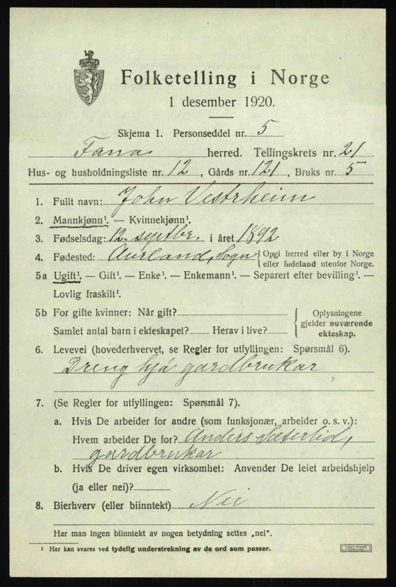 SAB, 1920 census for Fana, 1920, p. 24813