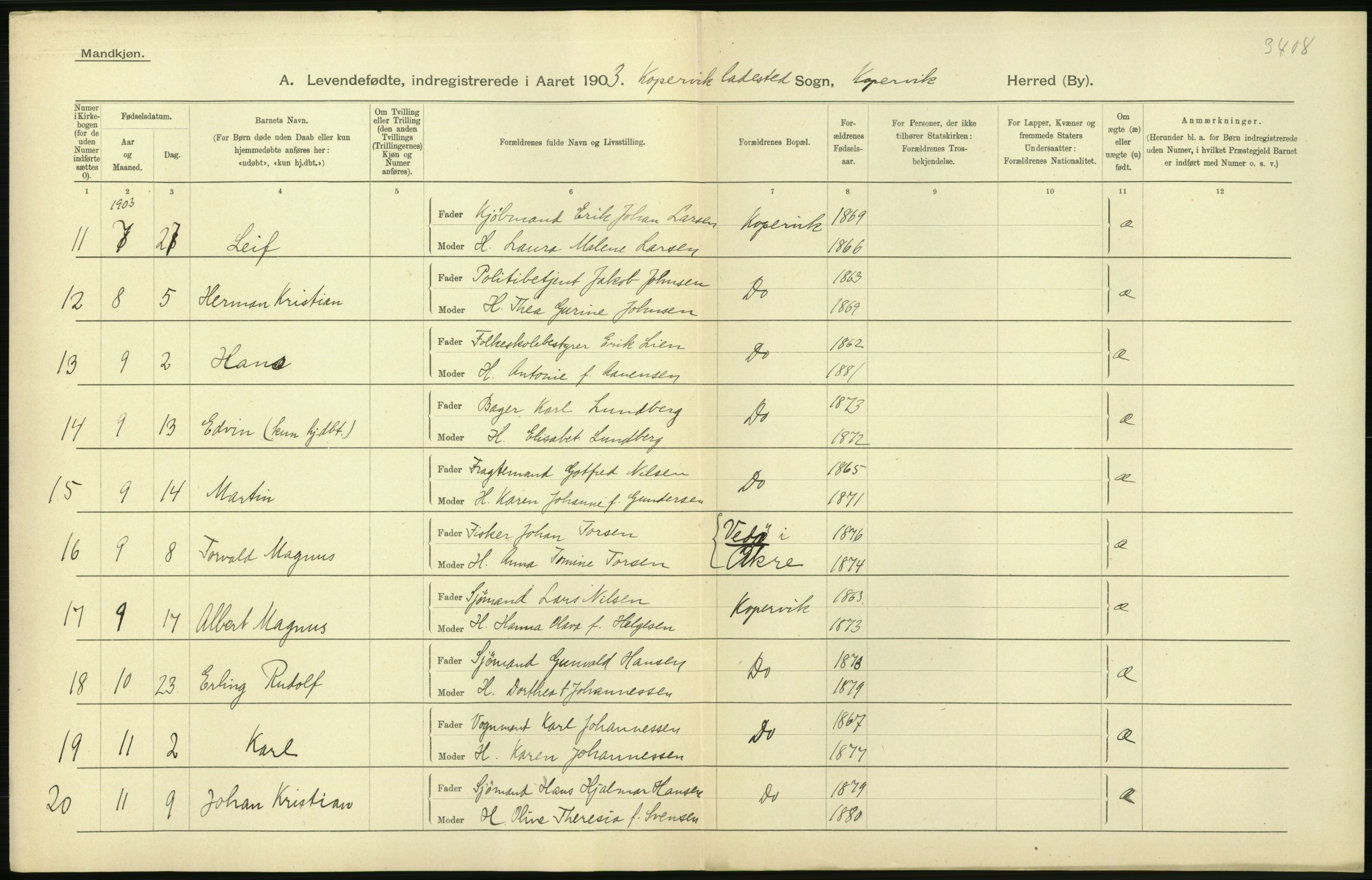 Statistisk sentralbyrå, Sosiodemografiske emner, Befolkning, AV/RA-S-2228/D/Df/Dfa/Dfaa/L0012: Stavanger amt: Fødte, gifte, døde, 1903, p. 310