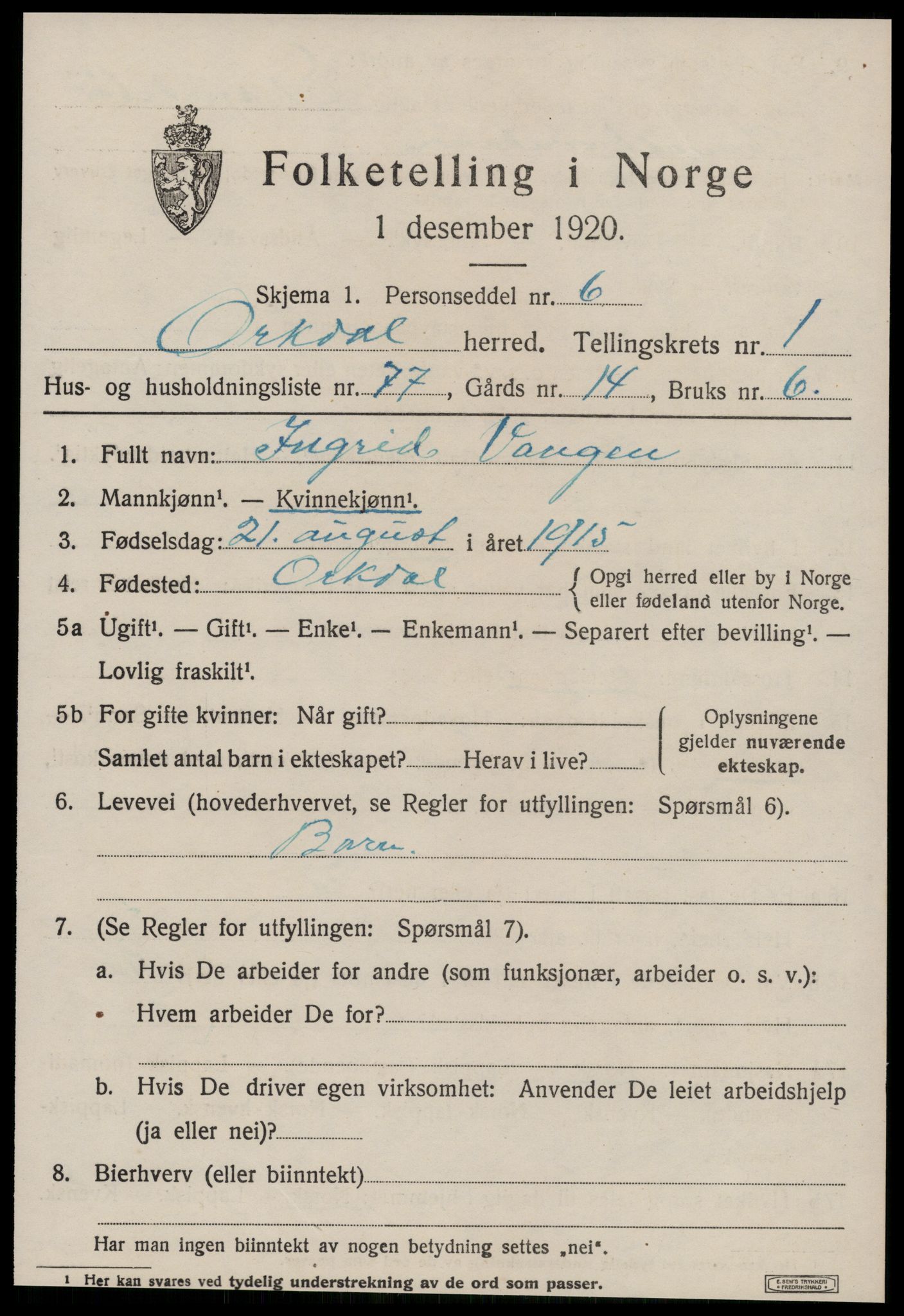 SAT, 1920 census for Orkdal, 1920, p. 2056