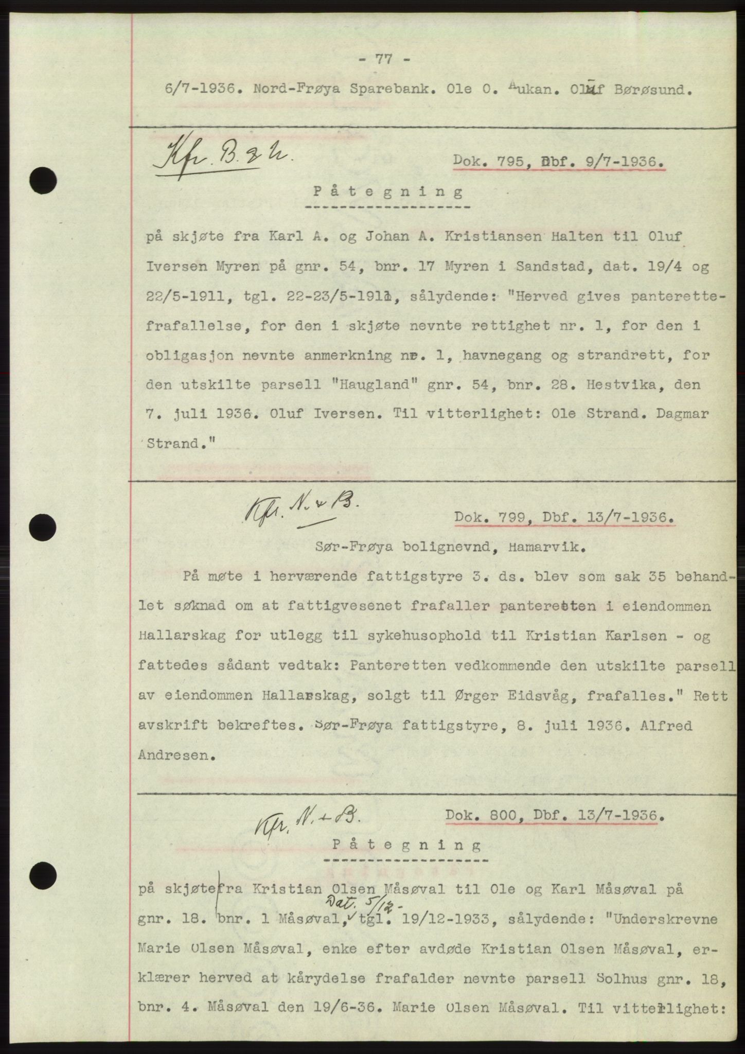 Hitra sorenskriveri, AV/SAT-A-0018/2/2C/2Ca: Mortgage book no. C1, 1936-1945, Diary no: : 795/1936