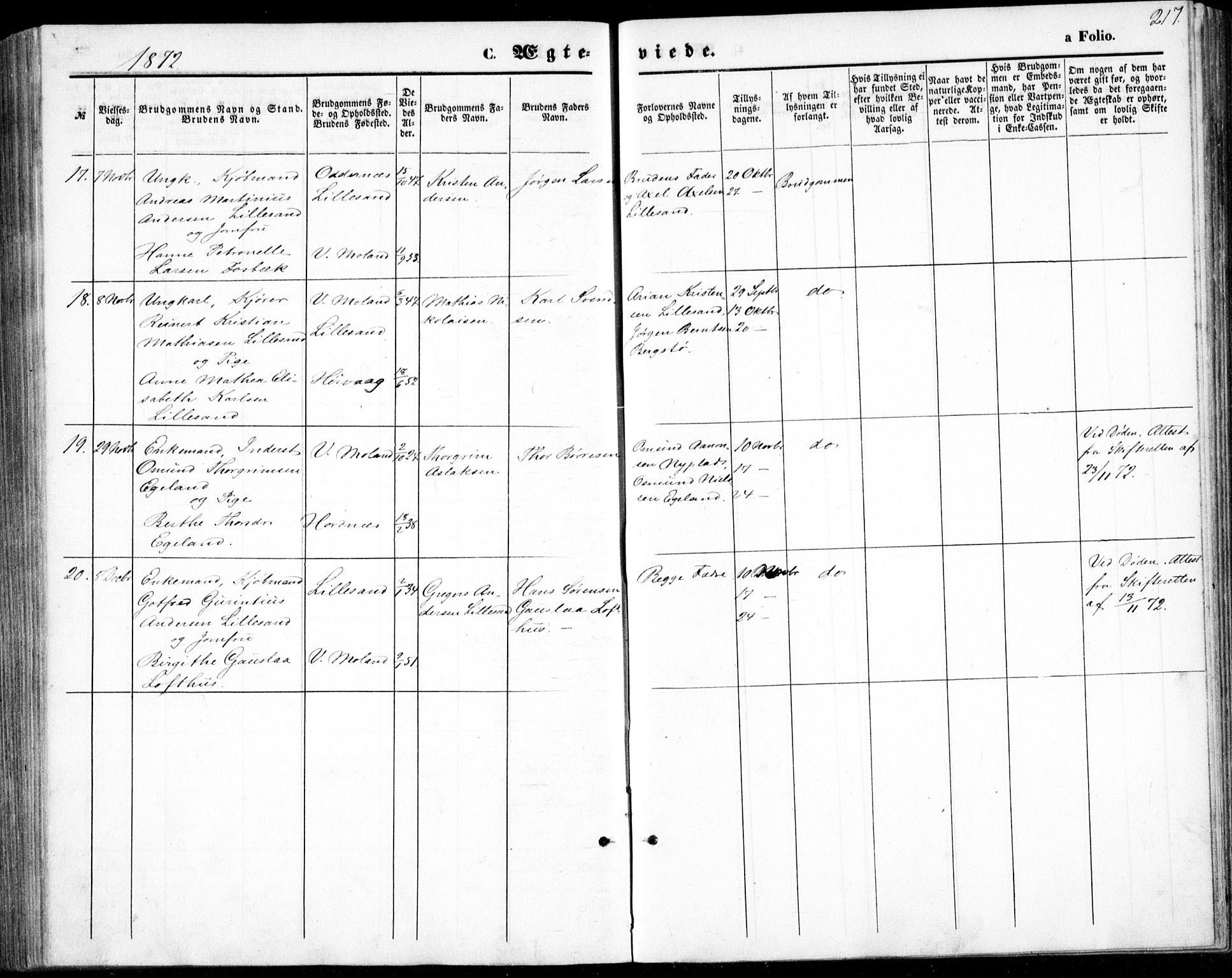 Vestre Moland sokneprestkontor, AV/SAK-1111-0046/F/Fb/Fbb/L0004: Parish register (copy) no. B 4, 1861-1872, p. 217