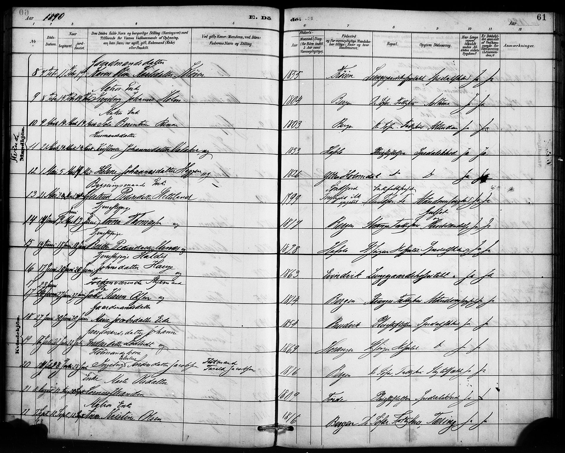 St. Jørgens hospital og Årstad sokneprestembete, AV/SAB-A-99934: Parish register (official) no. A 13, 1886-1906, p. 61