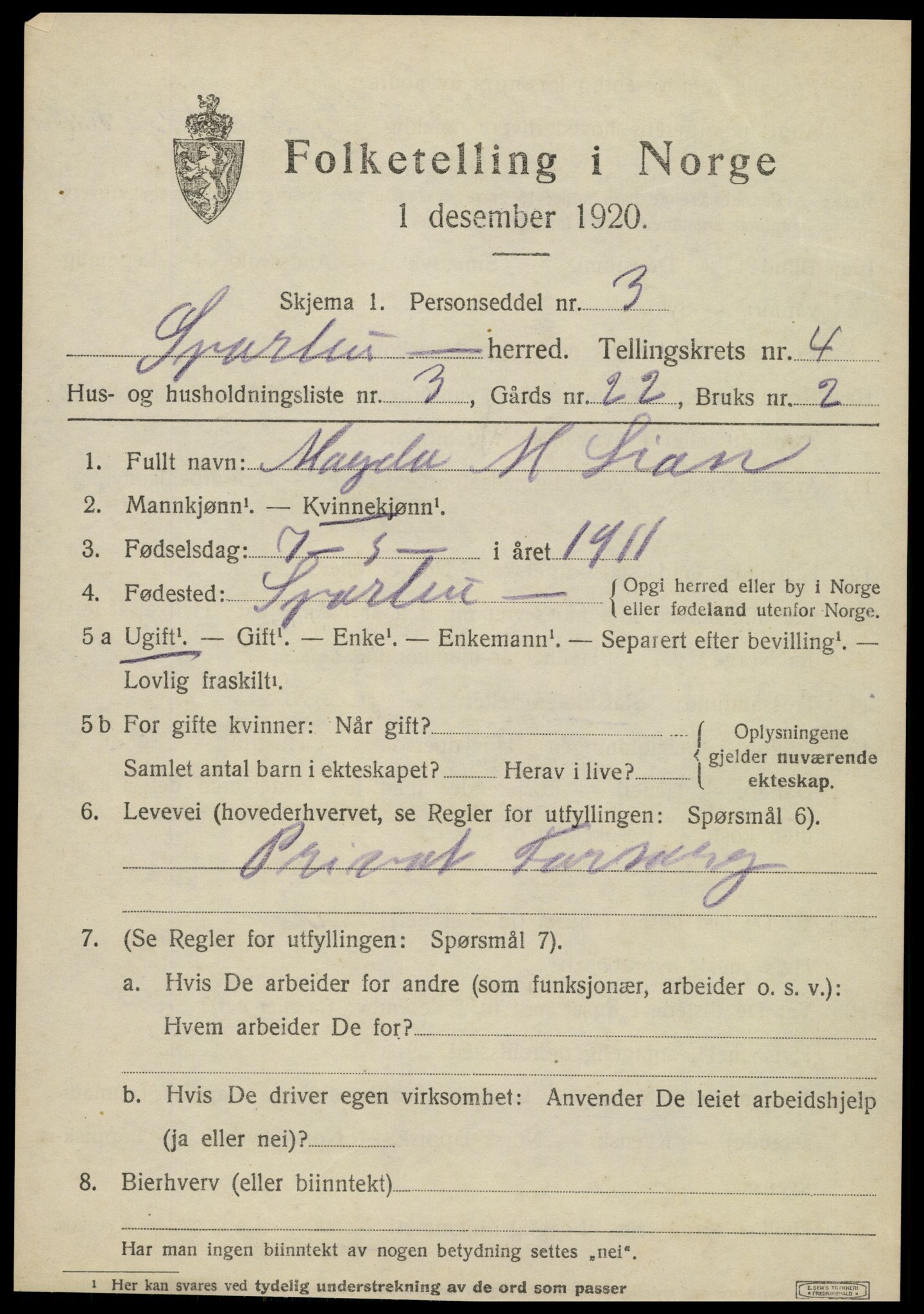 SAT, 1920 census for Sparbu, 1920, p. 5201