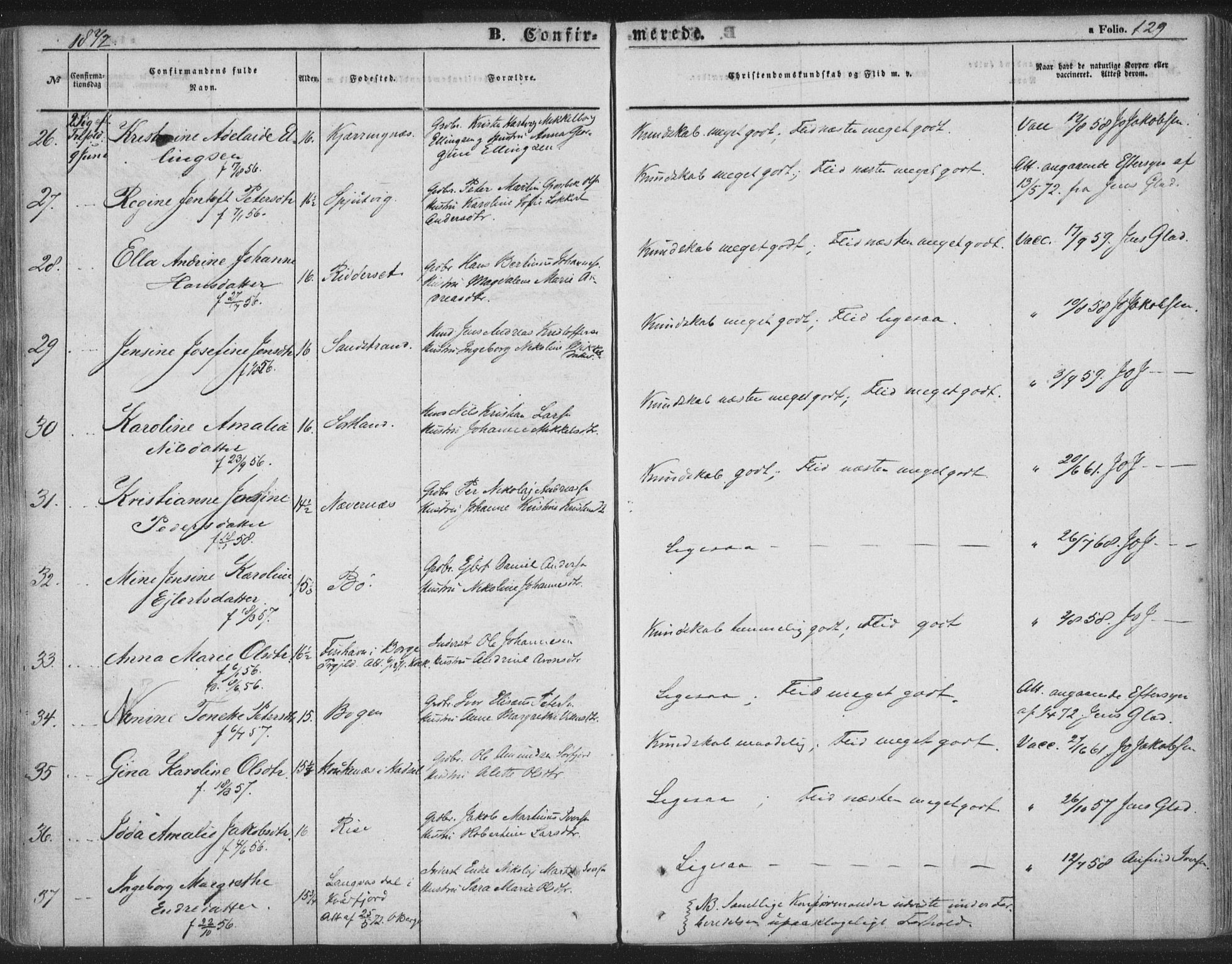 Ministerialprotokoller, klokkerbøker og fødselsregistre - Nordland, AV/SAT-A-1459/895/L1369: Parish register (official) no. 895A04, 1852-1872, p. 129