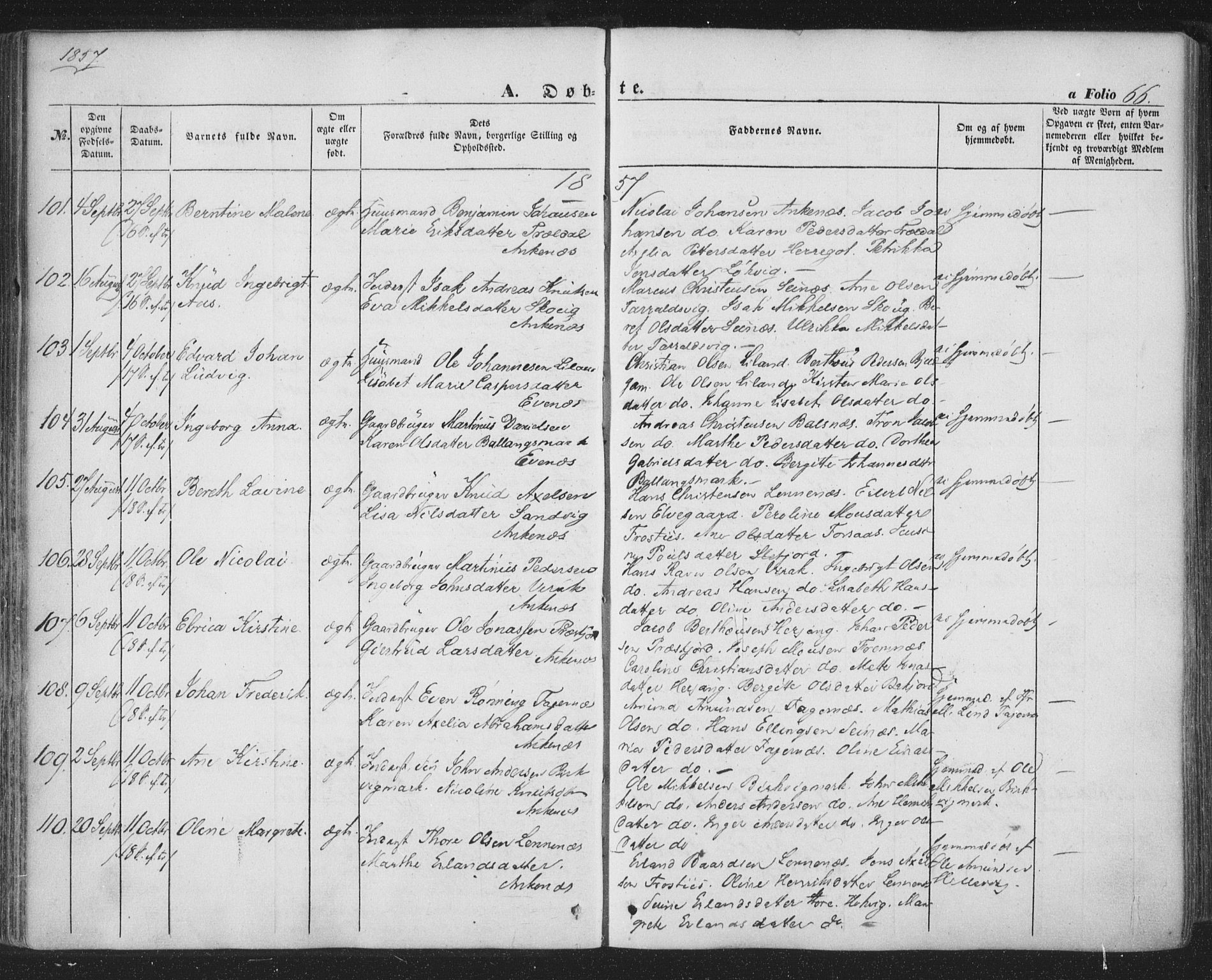 Ministerialprotokoller, klokkerbøker og fødselsregistre - Nordland, AV/SAT-A-1459/863/L0895: Parish register (official) no. 863A07, 1851-1860, p. 66