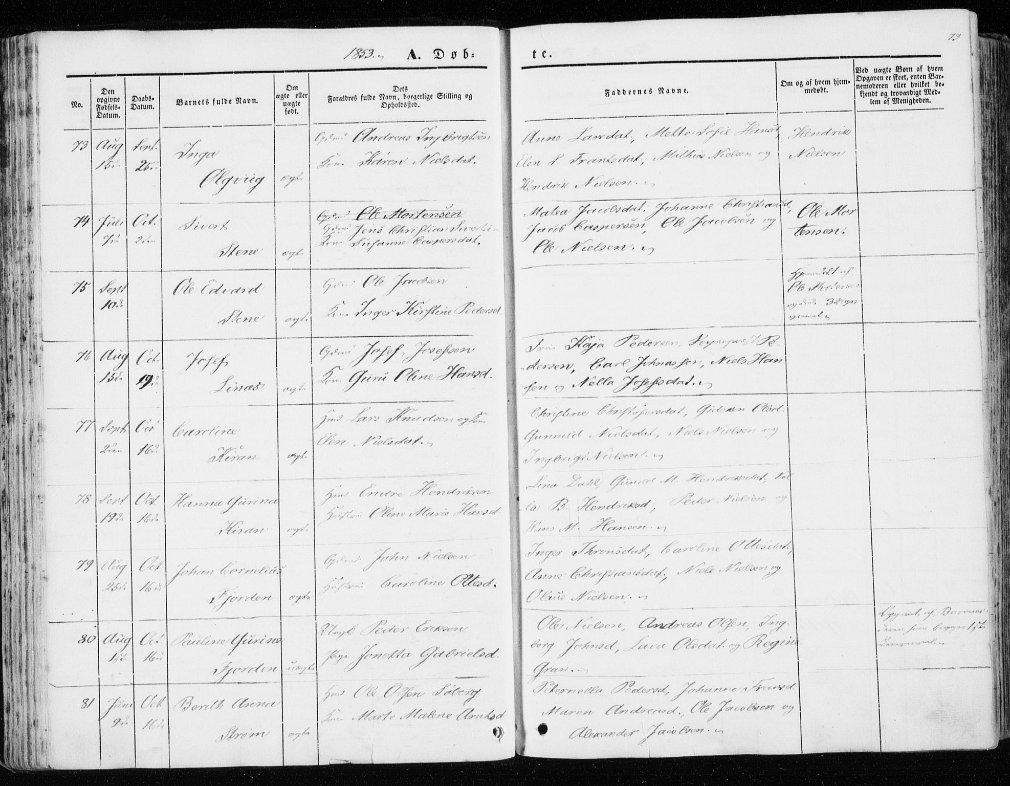 Ministerialprotokoller, klokkerbøker og fødselsregistre - Sør-Trøndelag, SAT/A-1456/657/L0704: Parish register (official) no. 657A05, 1846-1857, p. 73