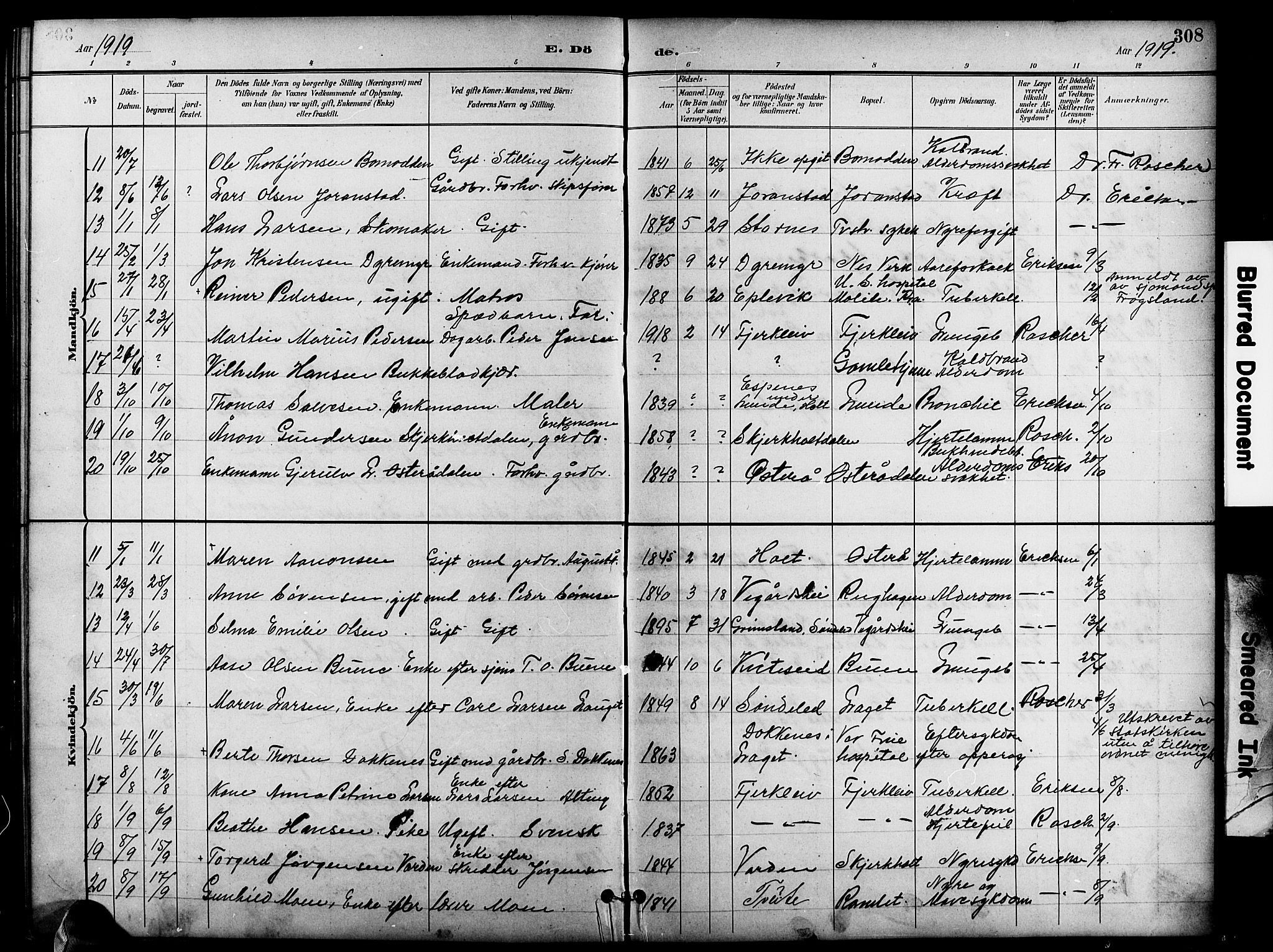 Holt sokneprestkontor, AV/SAK-1111-0021/F/Fb/L0011: Parish register (copy) no. B 11, 1897-1921, p. 308