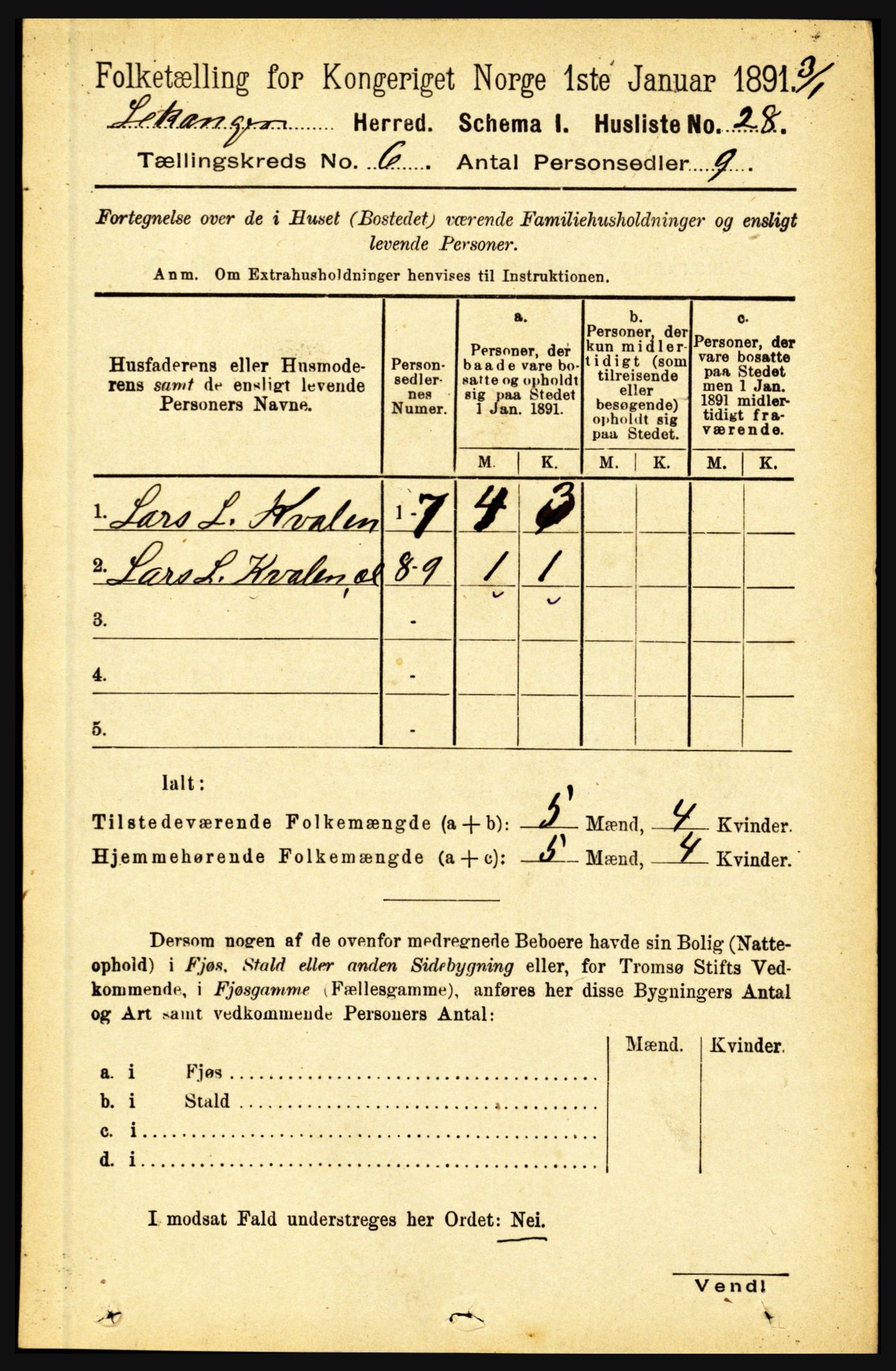 RA, 1891 census for 1419 Leikanger, 1891, p. 1111