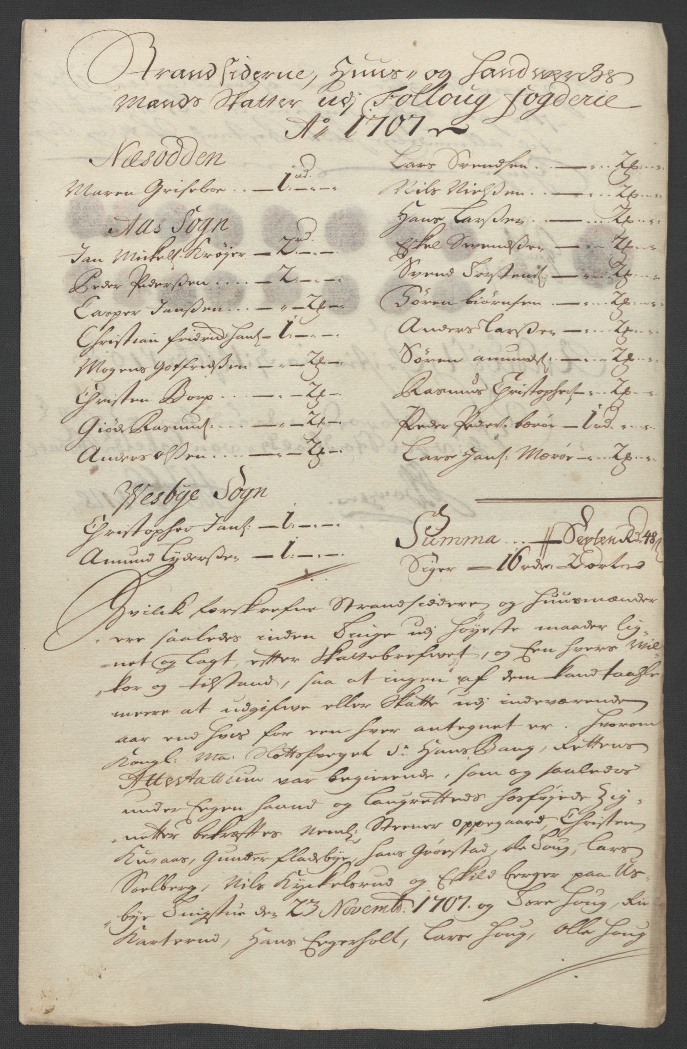 Rentekammeret inntil 1814, Reviderte regnskaper, Fogderegnskap, AV/RA-EA-4092/R10/L0447: Fogderegnskap Aker og Follo, 1707-1709, p. 128