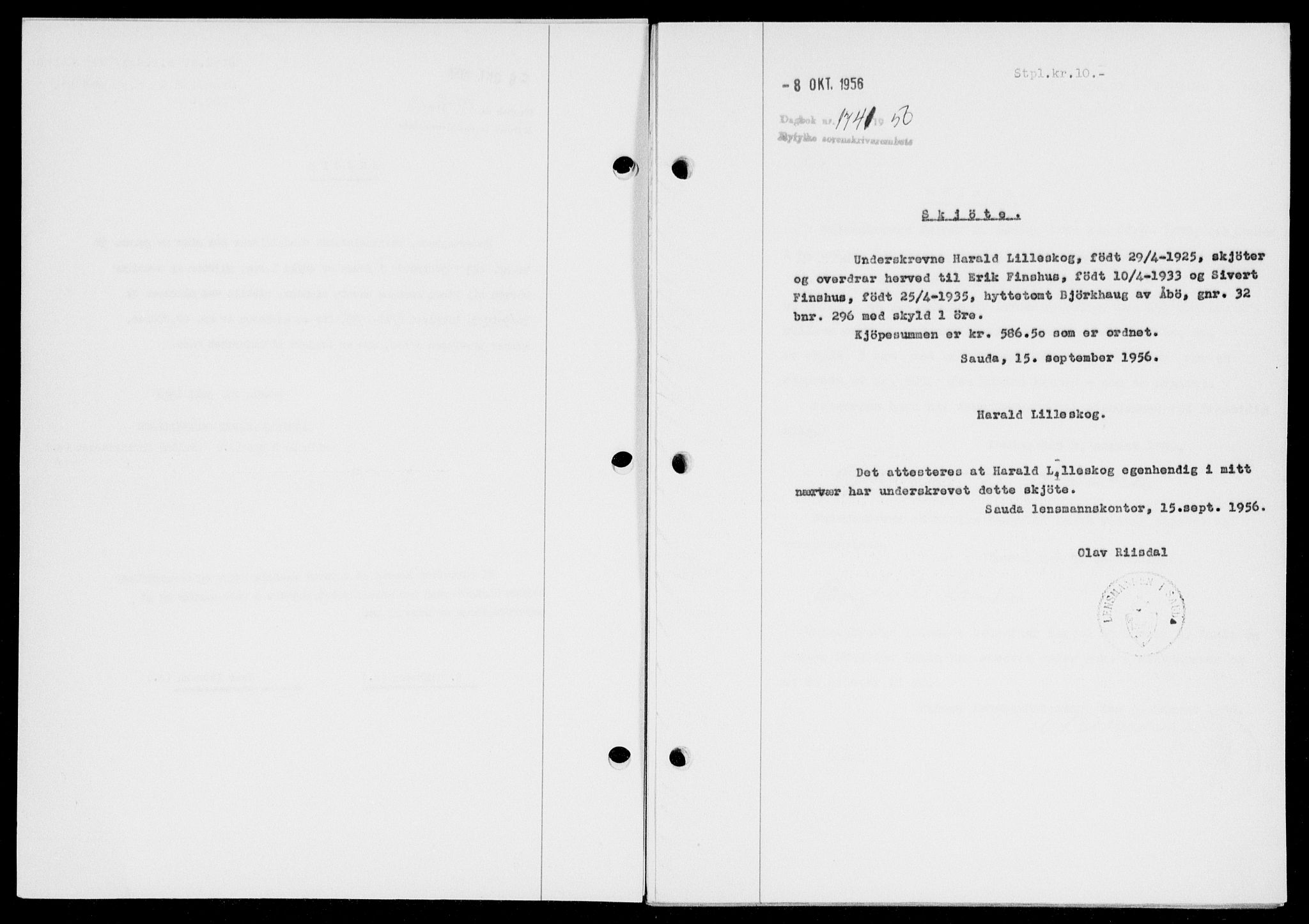 Ryfylke tingrett, SAST/A-100055/001/II/IIB/L0134: Mortgage book no. 113, 1956-1956, Diary no: : 1741/1956