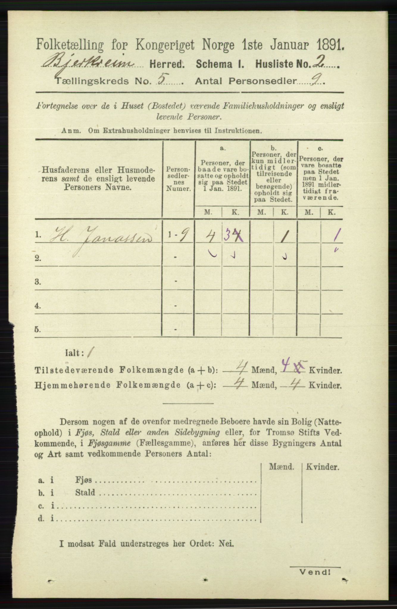 RA, 1891 census for 1114 Bjerkreim, 1891, p. 1654