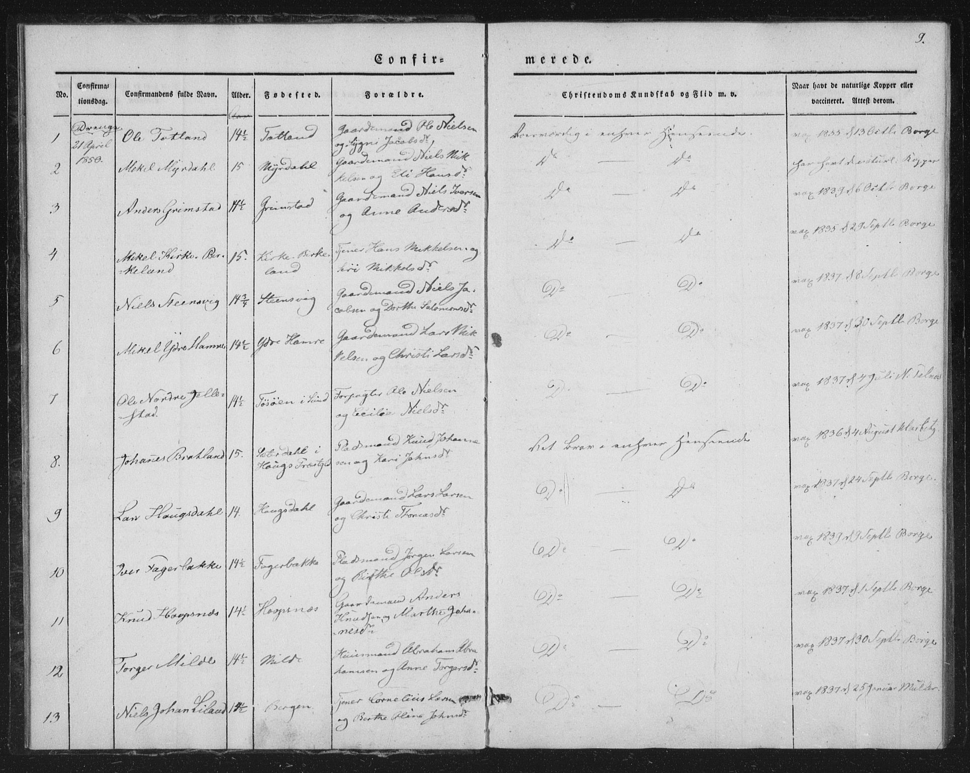 Fana Sokneprestembete, SAB/A-75101/H/Haa/Haaa/L0009: Parish register (official) no. A 9, 1849-1850, p. 9