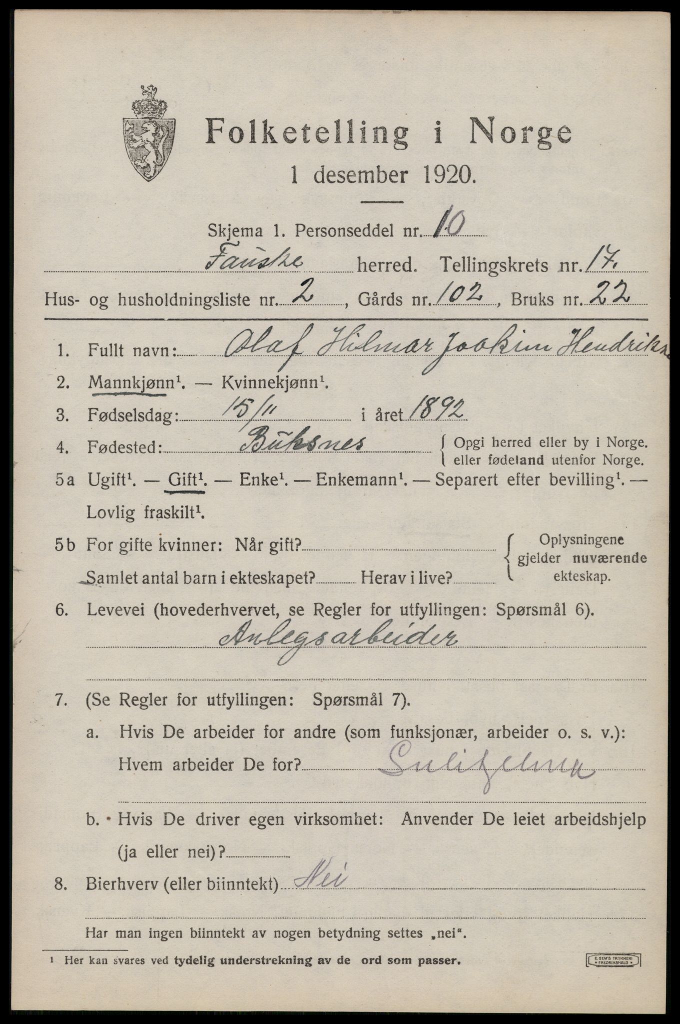 SAT, 1920 census for Fauske, 1920, p. 10456