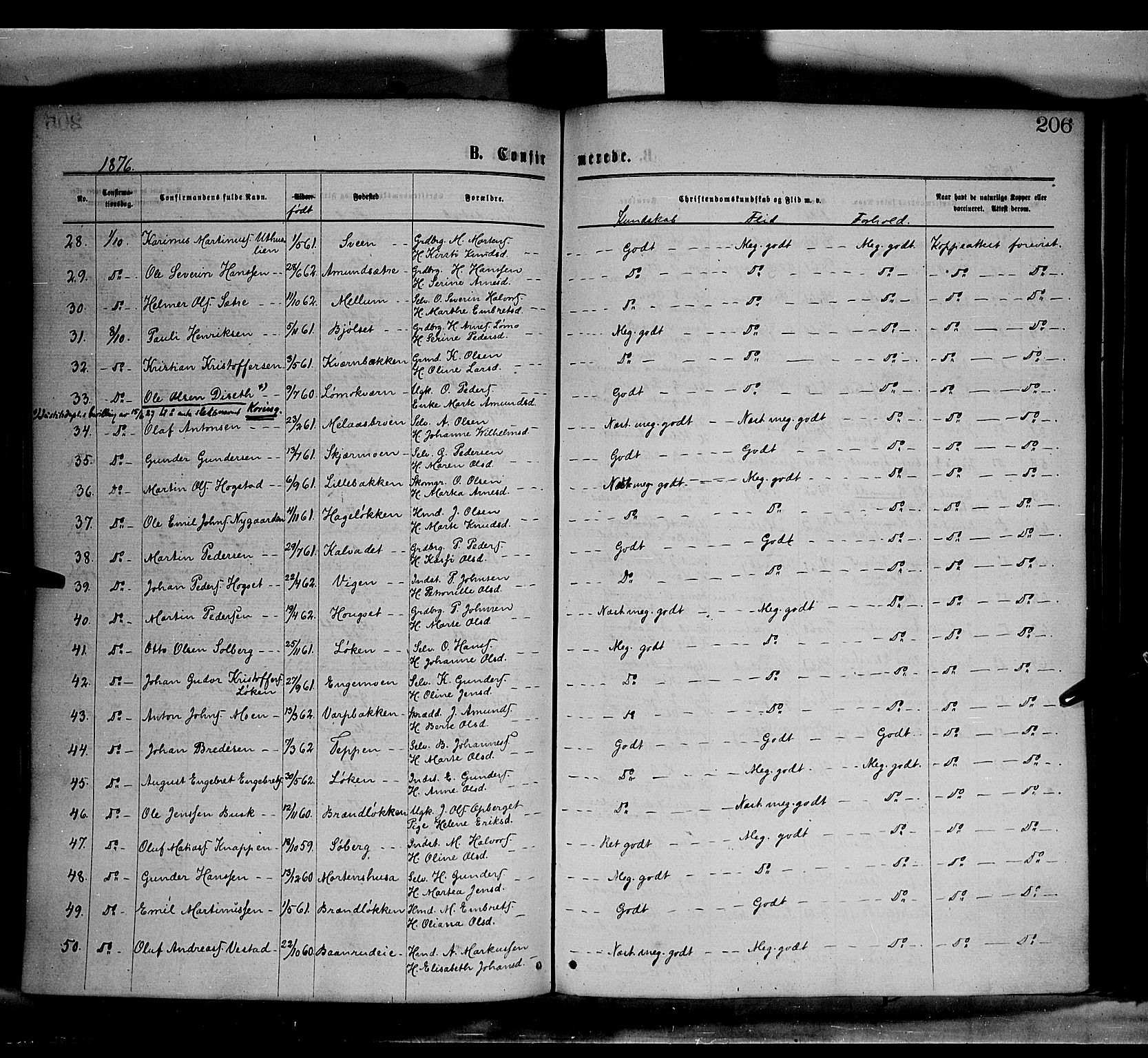 Elverum prestekontor, AV/SAH-PREST-044/H/Ha/Haa/L0011: Parish register (official) no. 11, 1869-1879, p. 206