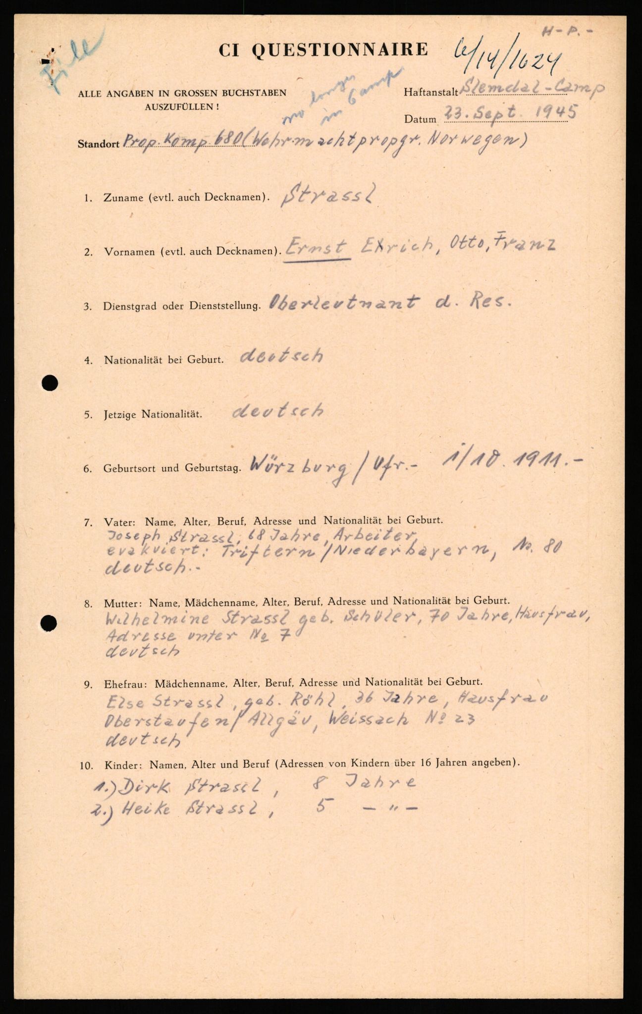 Forsvaret, Forsvarets overkommando II, RA/RAFA-3915/D/Db/L0033: CI Questionaires. Tyske okkupasjonsstyrker i Norge. Tyskere., 1945-1946, p. 169