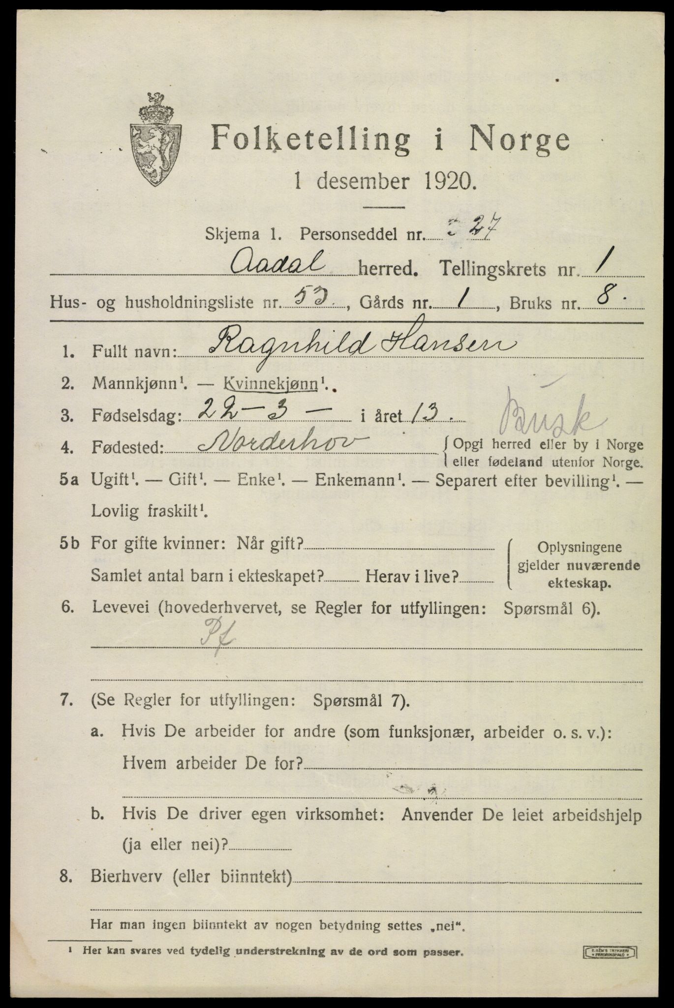 SAKO, 1920 census for Ådal, 1920, p. 2038