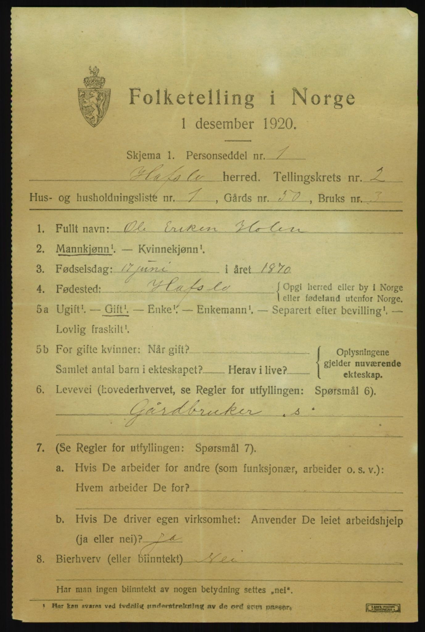 SAB, 1920 census for Hafslo, 1920, p. 1814