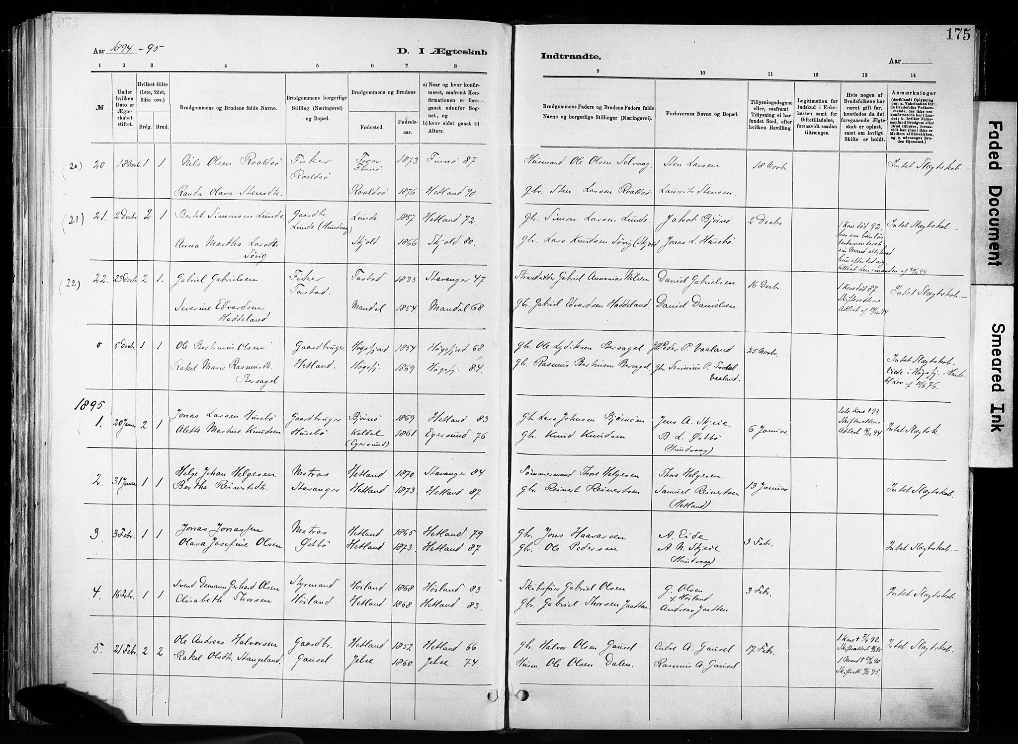 Hetland sokneprestkontor, SAST/A-101826/30/30BA/L0011: Parish register (official) no. A 11, 1884-1911, p. 175