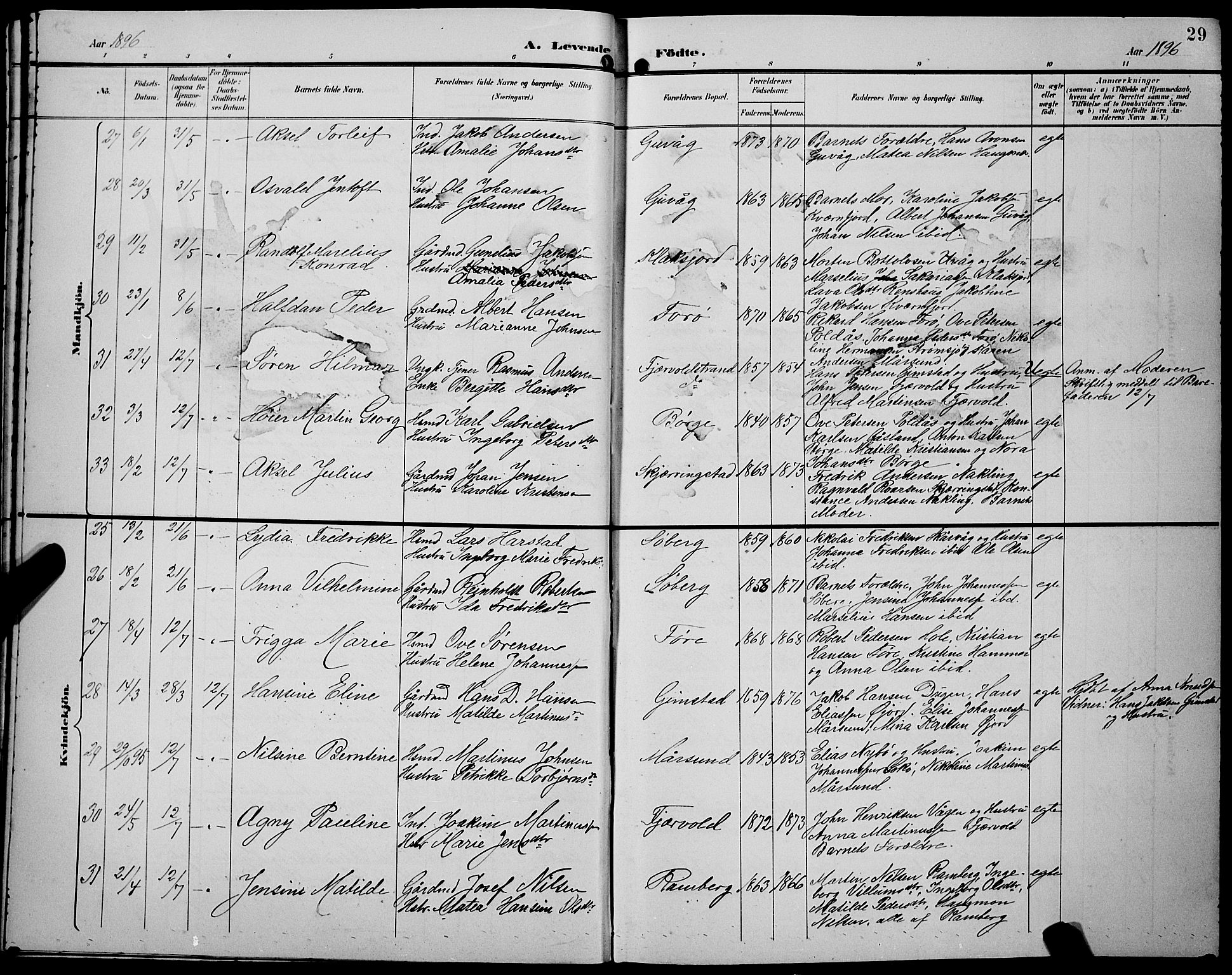 Ministerialprotokoller, klokkerbøker og fødselsregistre - Nordland, AV/SAT-A-1459/891/L1316: Parish register (copy) no. 891C05, 1894-1898, p. 29