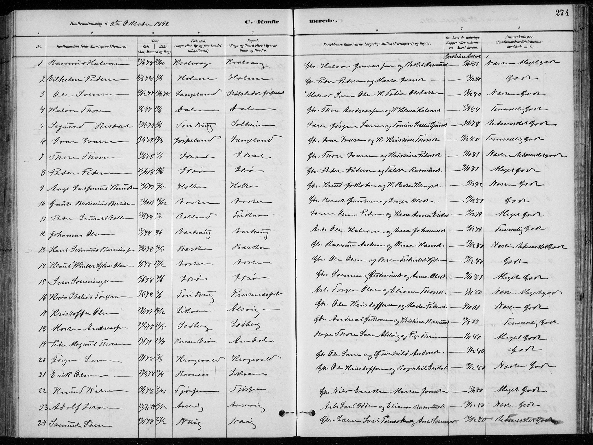 Strand sokneprestkontor, SAST/A-101828/H/Ha/Hab/L0004: Parish register (copy) no. B 4, 1878-1903, p. 274