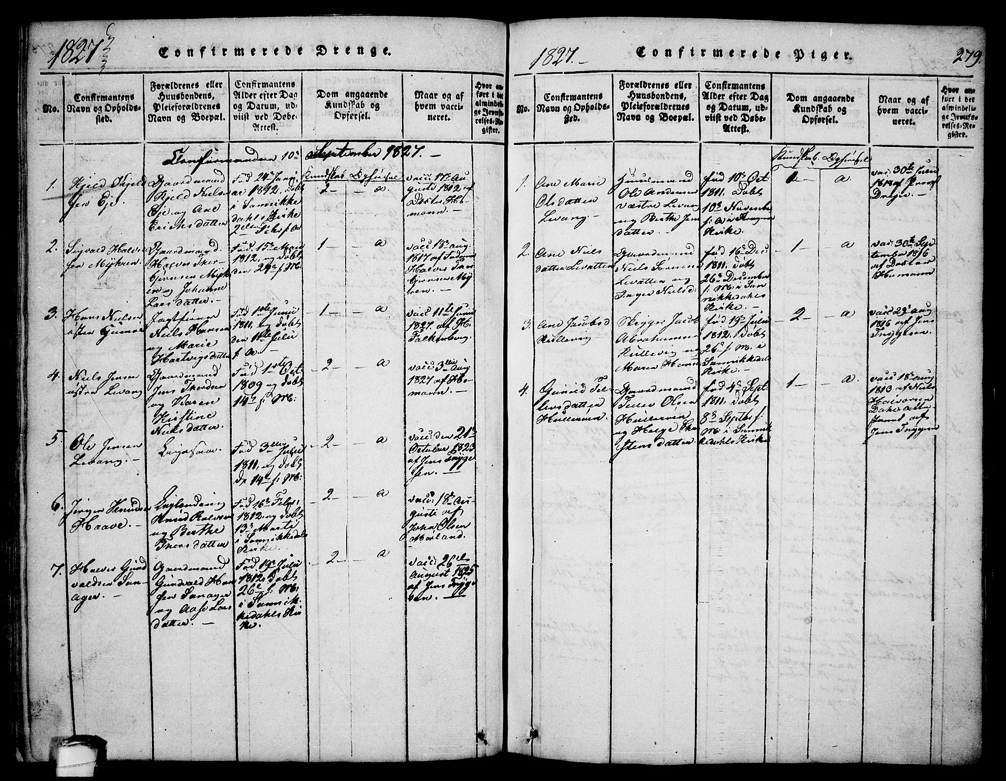 Sannidal kirkebøker, AV/SAKO-A-296/F/Fa/L0004: Parish register (official) no. 4, 1814-1829, p. 279