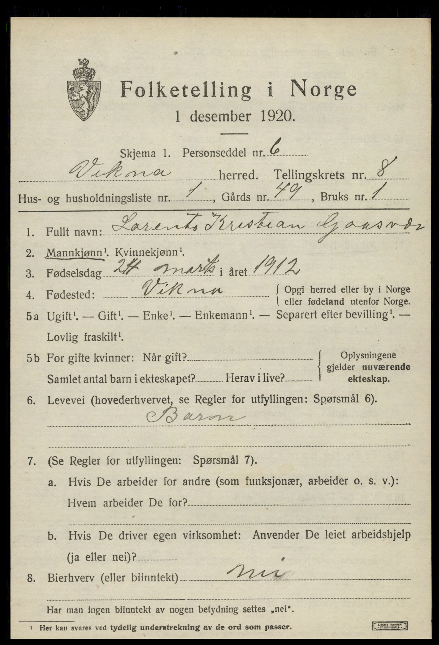 SAT, 1920 census for Vikna, 1920, p. 5997