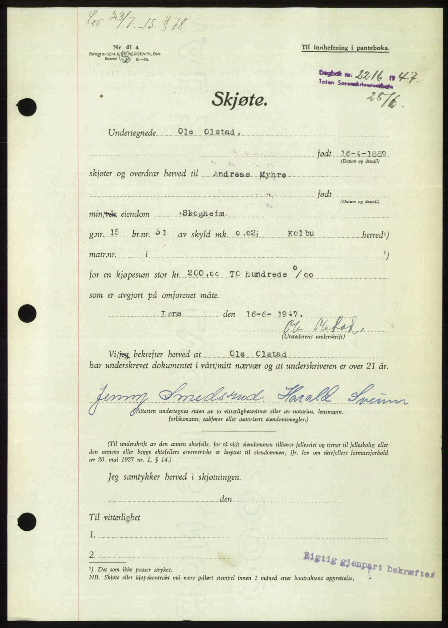 Toten tingrett, AV/SAH-TING-006/H/Hb/Hbc/L0017: Mortgage book no. Hbc-17, 1947-1947, Diary no: : 2216/1947