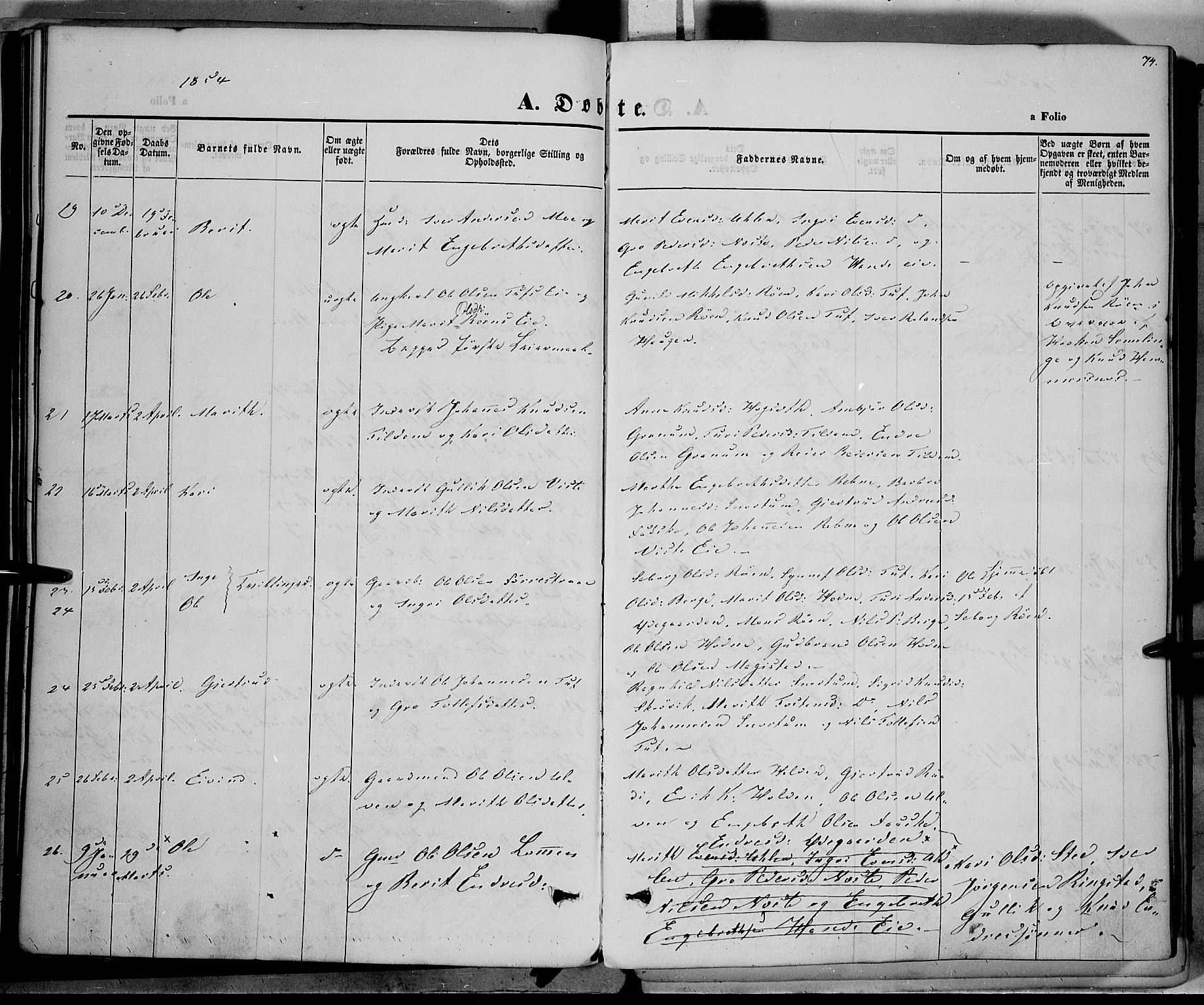 Vestre Slidre prestekontor, AV/SAH-PREST-136/H/Ha/Haa/L0001: Parish register (official) no. 1, 1844-1855, p. 74