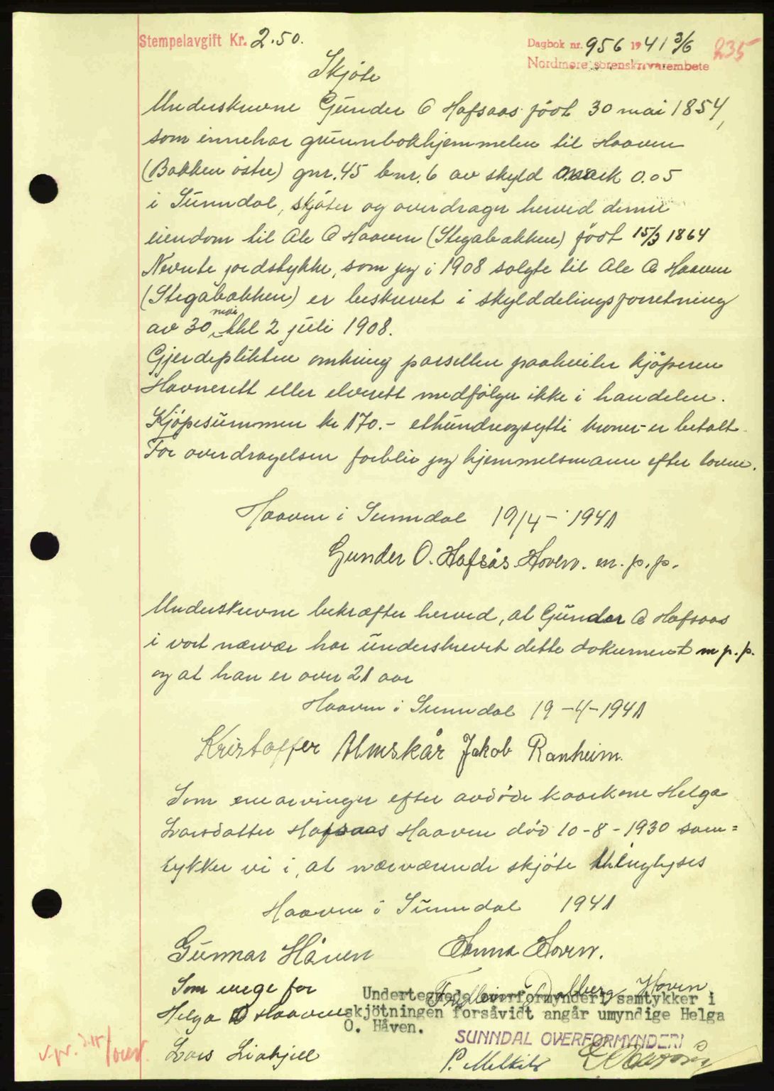 Nordmøre sorenskriveri, SAT/A-4132/1/2/2Ca: Mortgage book no. A90, 1941-1941, Diary no: : 956/1941