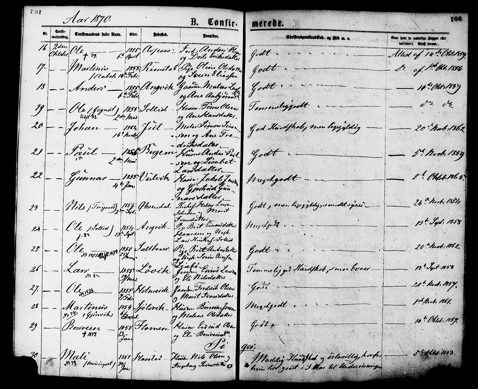 Ministerialprotokoller, klokkerbøker og fødselsregistre - Møre og Romsdal, SAT/A-1454/586/L0986: Parish register (official) no. 586A12, 1867-1878, p. 106
