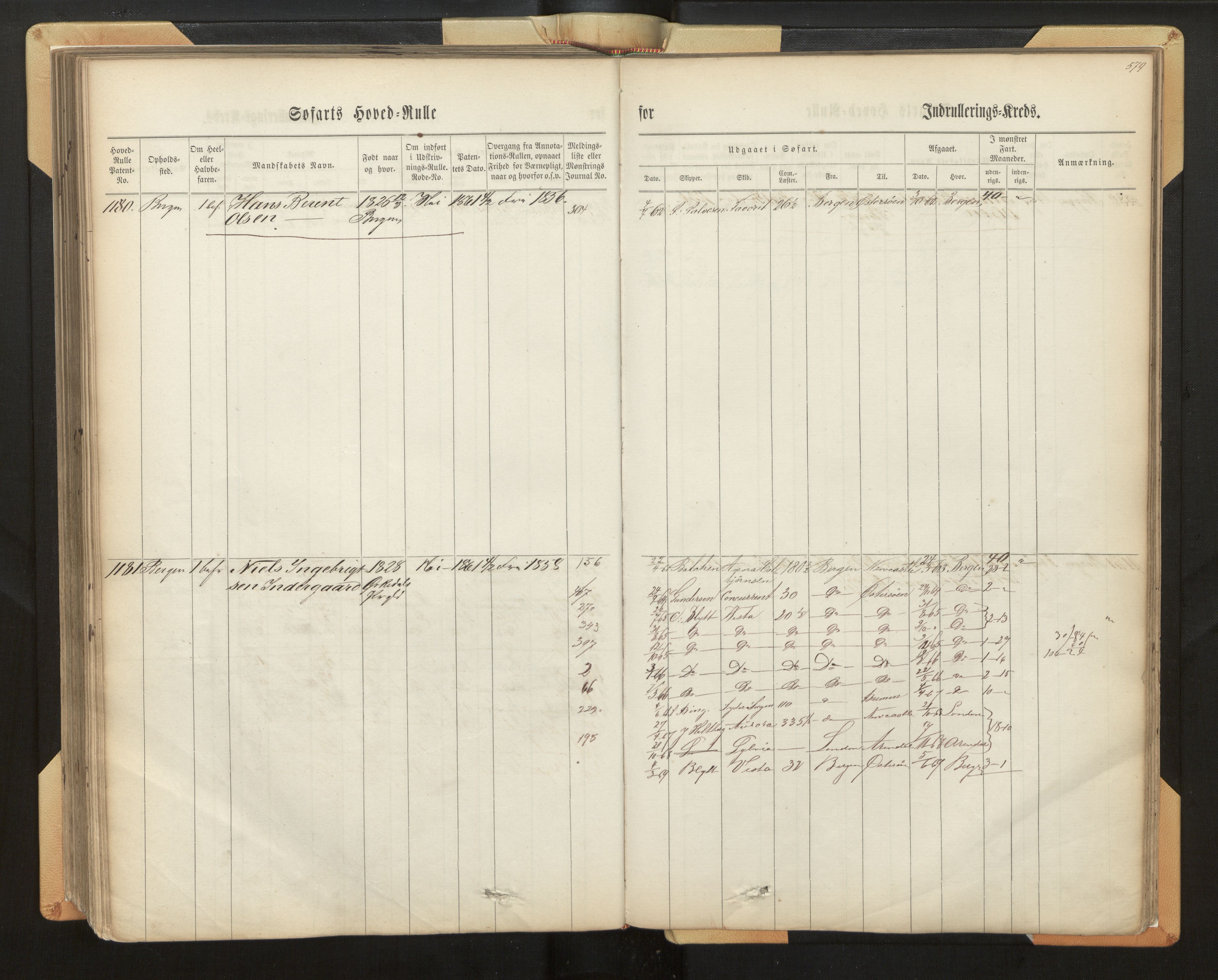 Innrulleringssjefen i Bergen, AV/SAB-A-100050/F/Fh/L0008: Sjøfarts-hovedrulle for Bergen krets, fol. 316 - 636, 1860-1865, p. 579