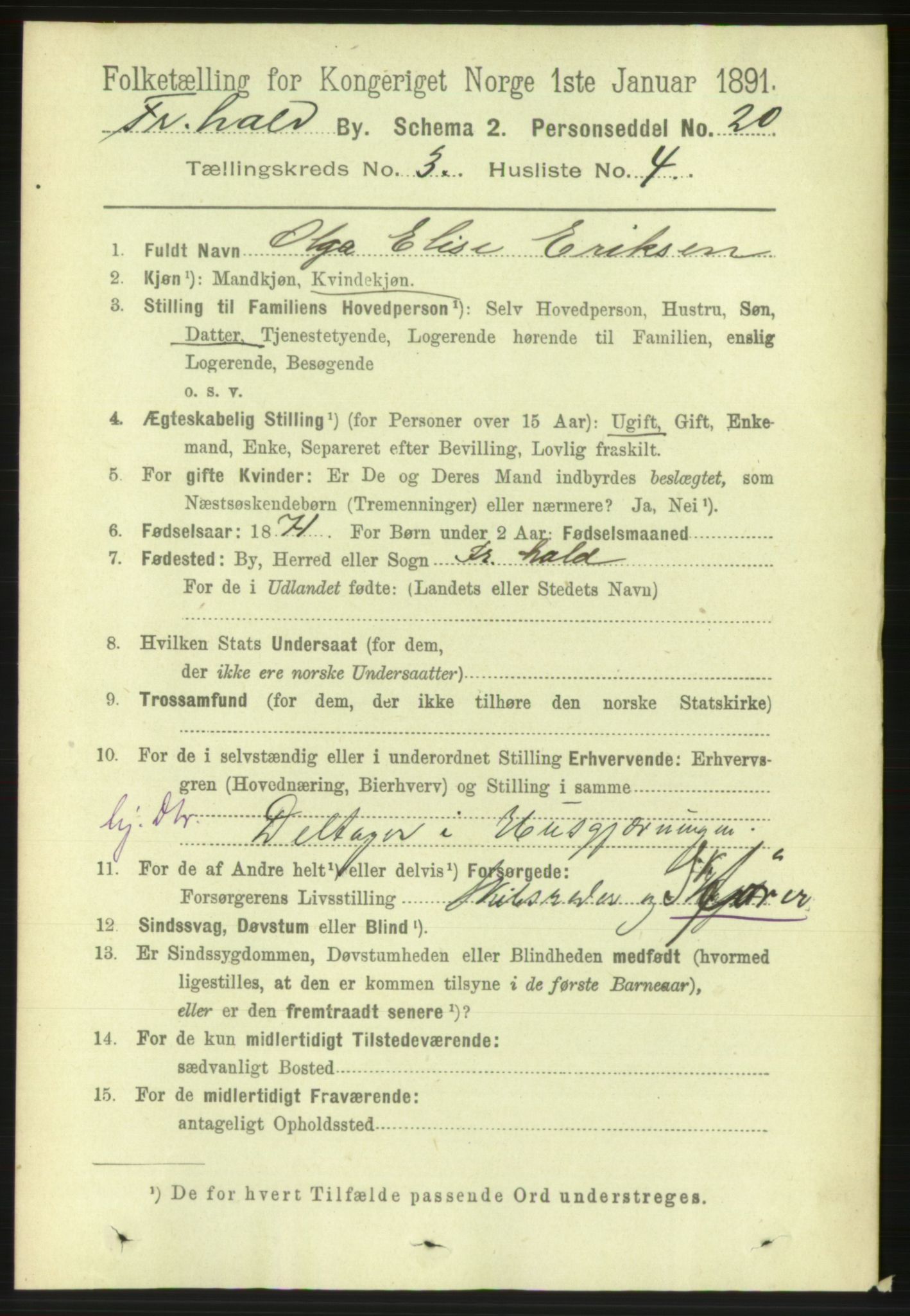 RA, 1891 census for 0101 Fredrikshald, 1891, p. 3284