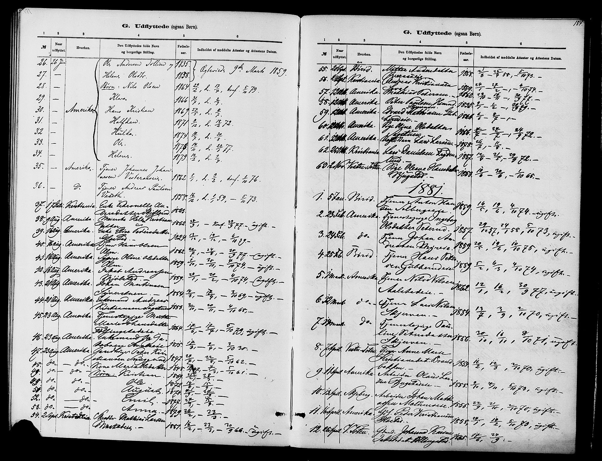 Vardal prestekontor, SAH/PREST-100/H/Ha/Haa/L0010: Parish register (official) no. 10, 1878-1893, p. 184
