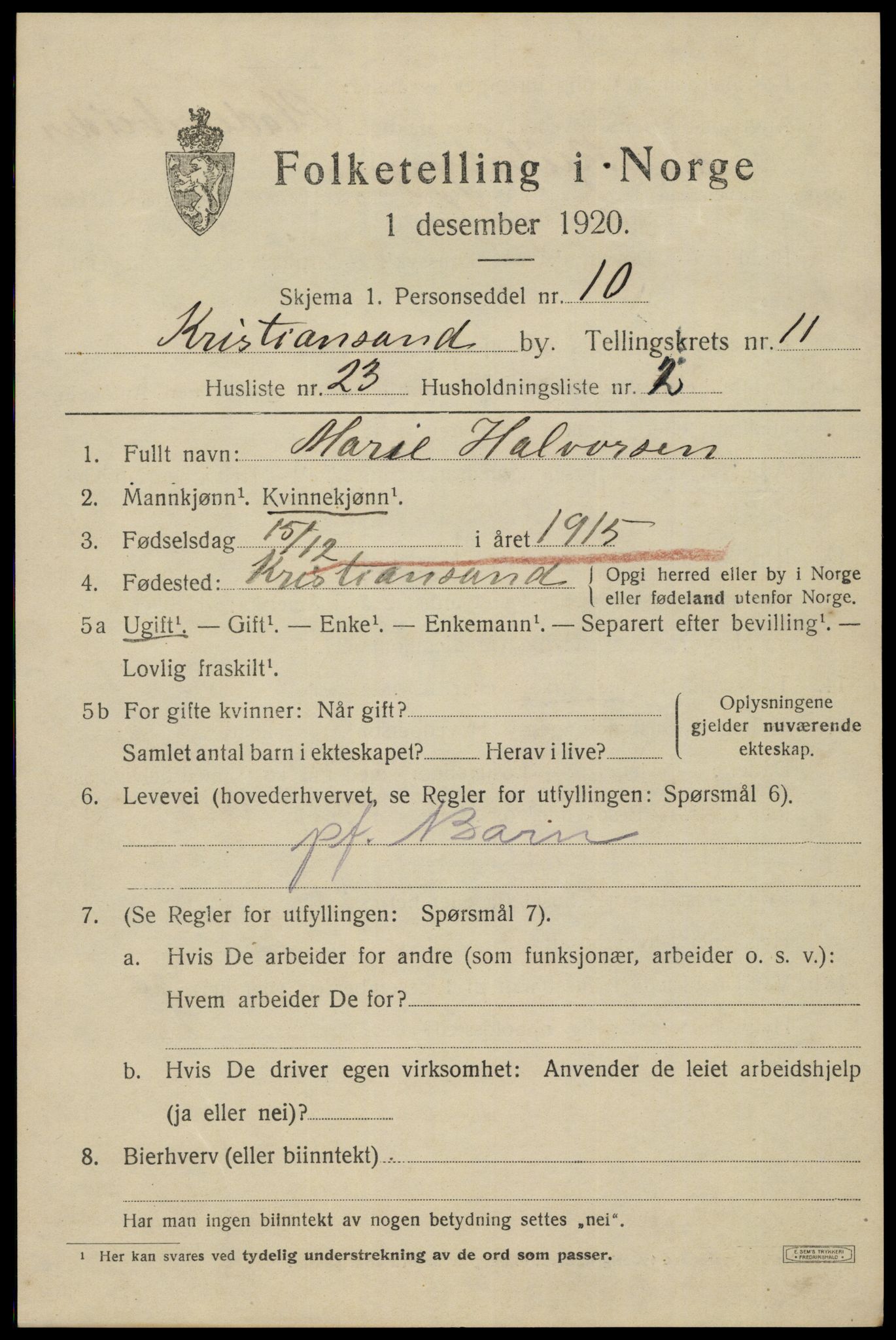 SAK, 1920 census for Kristiansand, 1920, p. 25051