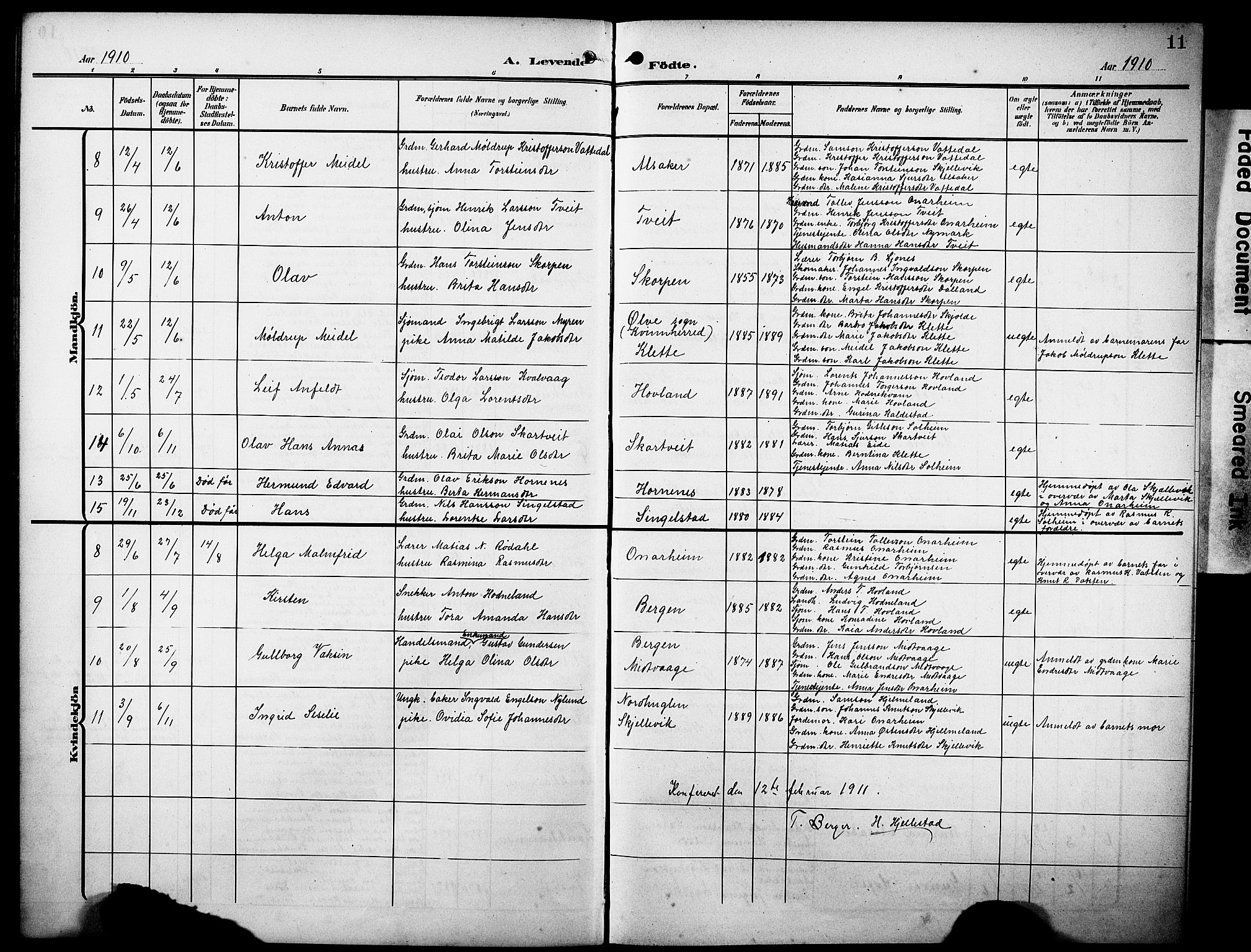 Tysnes sokneprestembete, AV/SAB-A-78601/H/Hab: Parish register (copy) no. C 3, 1908-1924, p. 11