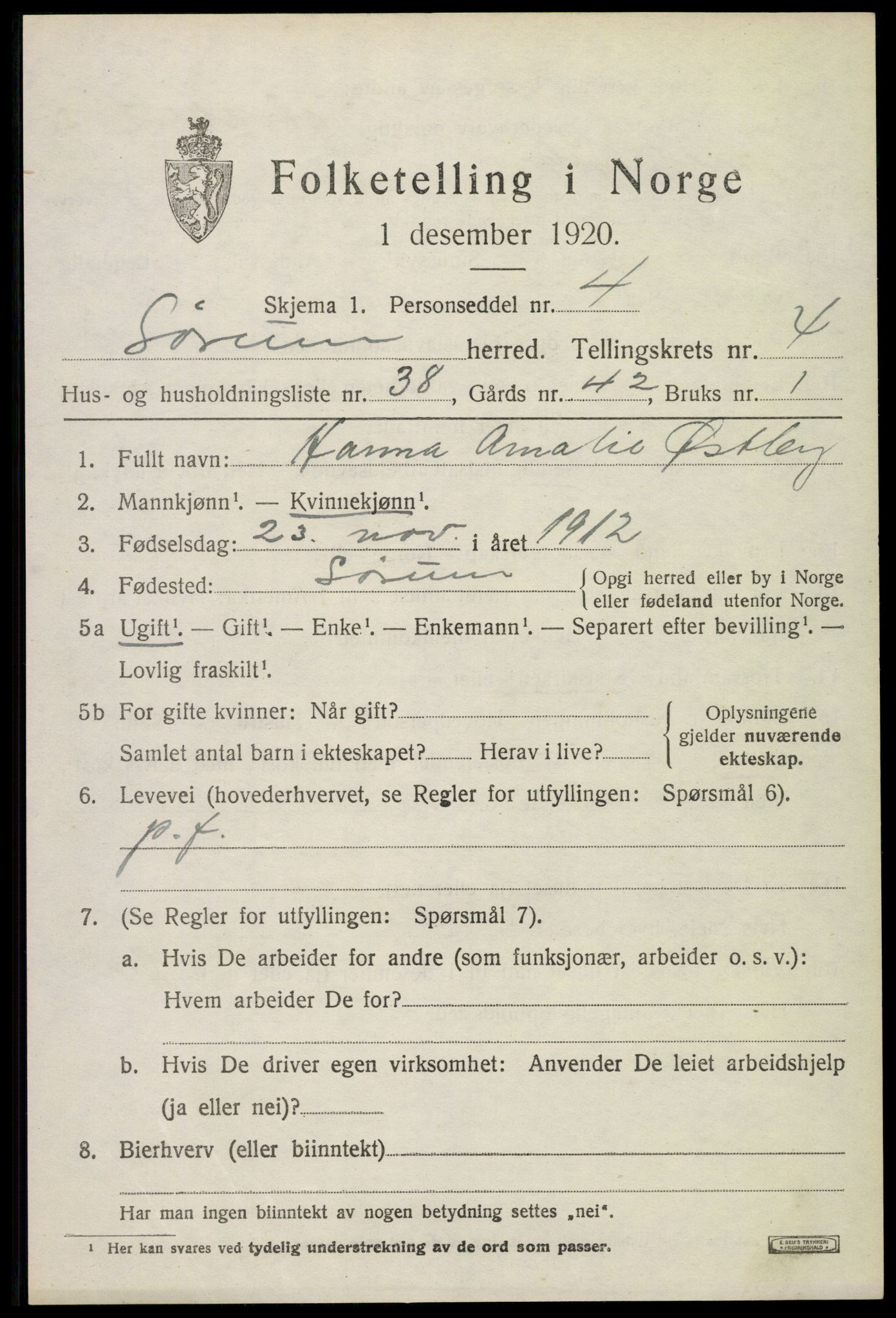 SAO, 1920 census for Sørum, 1920, p. 3853