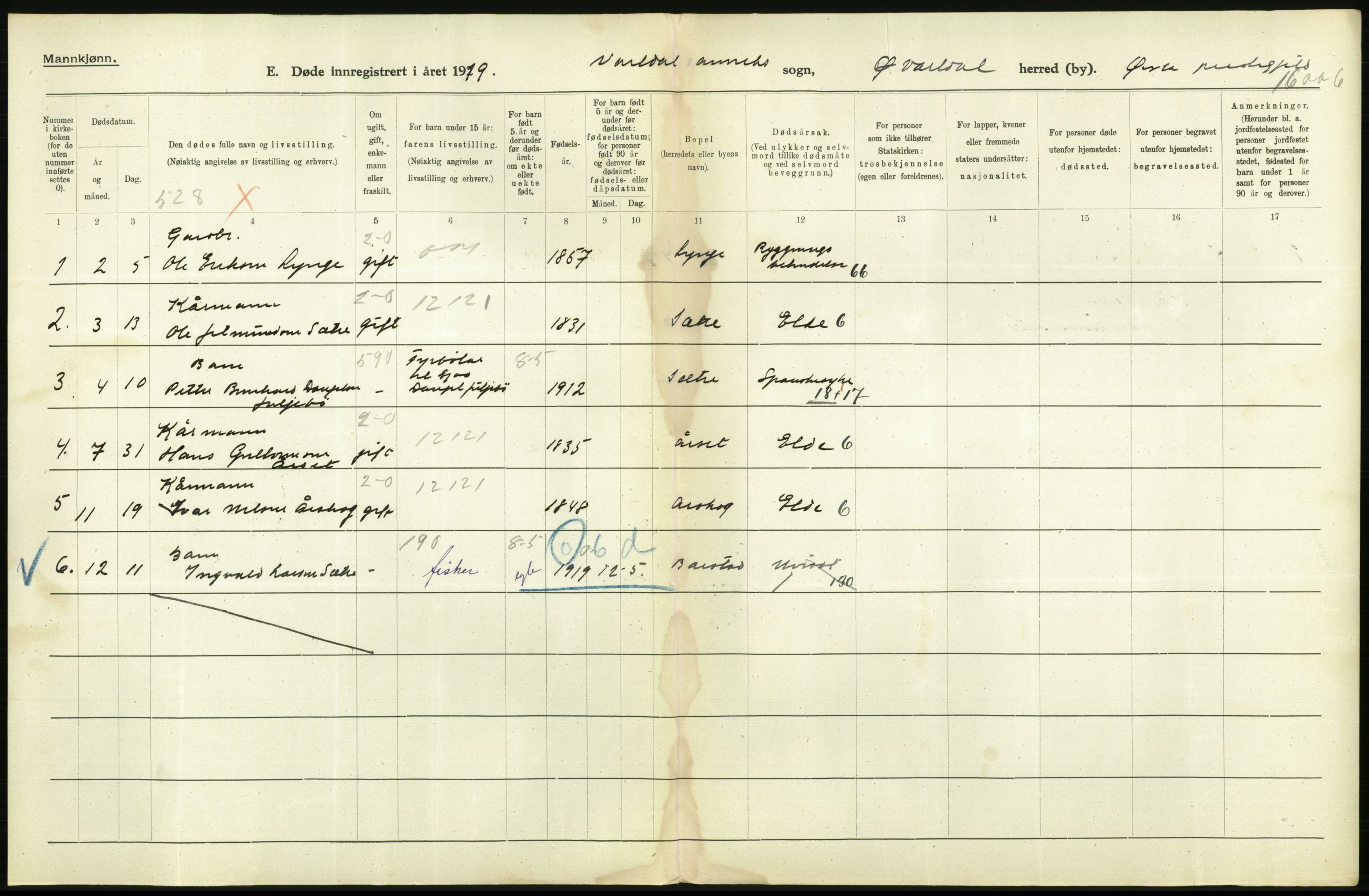 Statistisk sentralbyrå, Sosiodemografiske emner, Befolkning, AV/RA-S-2228/D/Df/Dfb/Dfbi/L0042: Møre fylke: Døde. Bygder og byer., 1919, p. 28