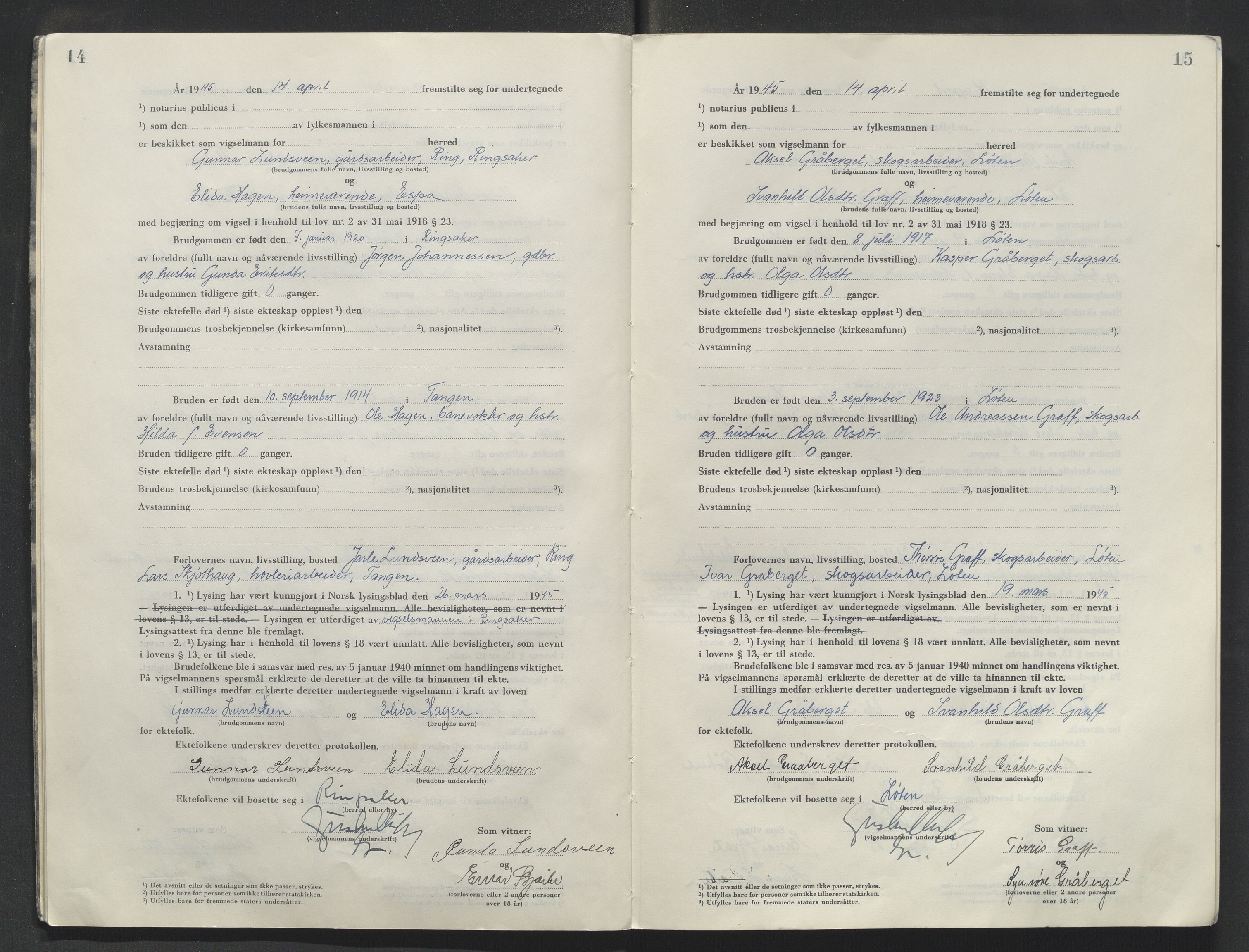 Sør-Hedmark sorenskriveri, AV/SAH-TING-014/L/Le/L0002/0002: Vigselsbøker / Vigselbok, 1945-1949, p. 14-15