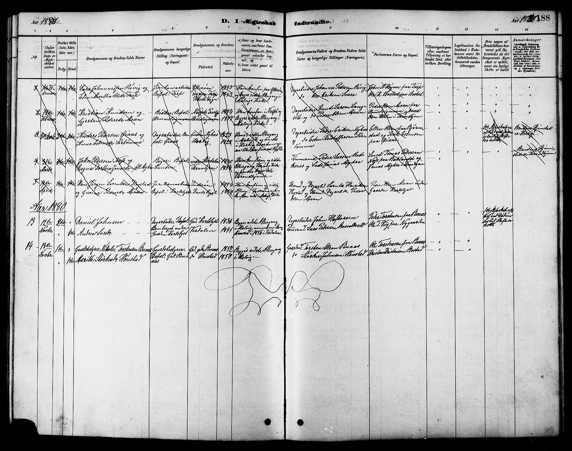 Ministerialprotokoller, klokkerbøker og fødselsregistre - Sør-Trøndelag, AV/SAT-A-1456/616/L0423: Parish register (copy) no. 616C06, 1878-1903, p. 188