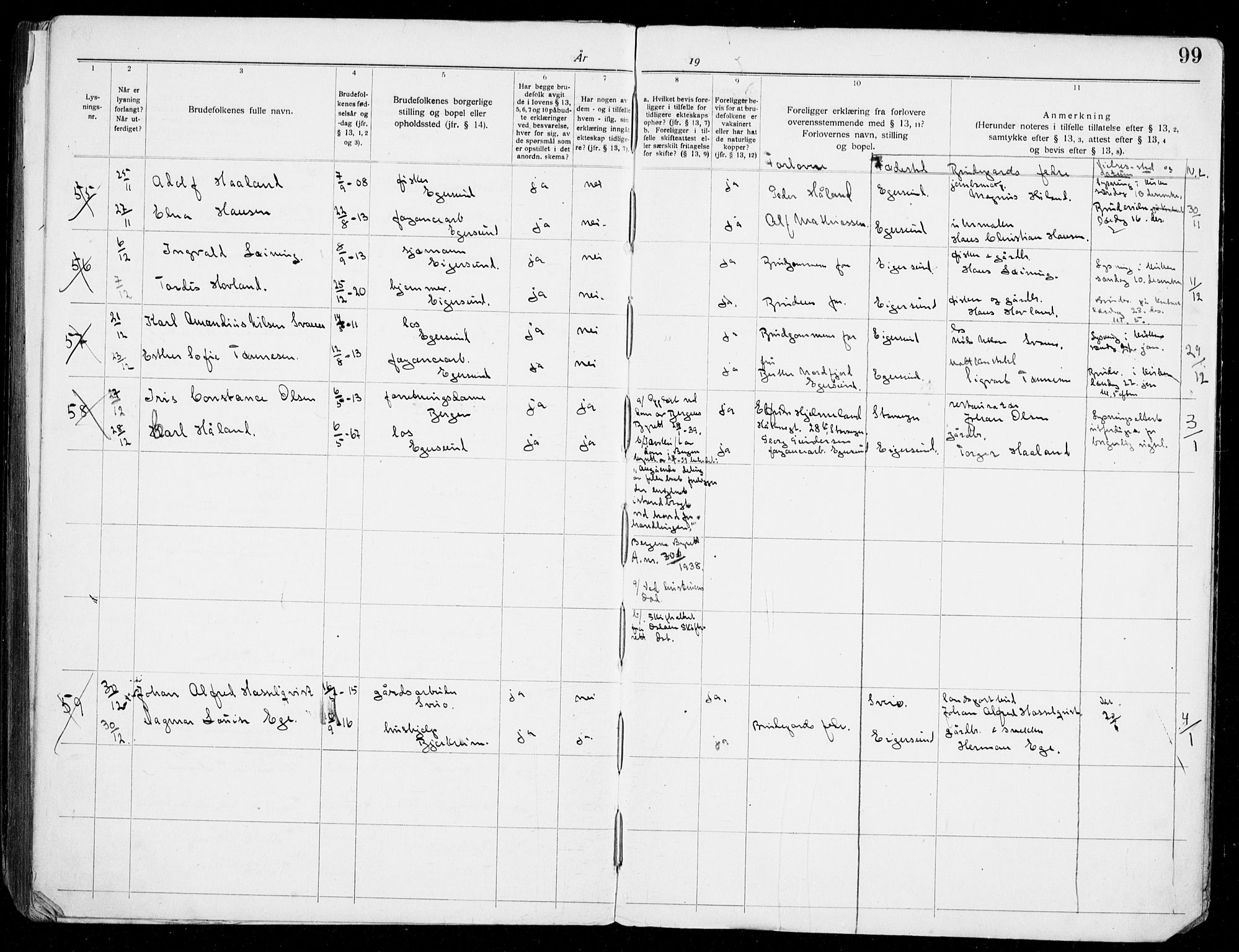 Eigersund sokneprestkontor, AV/SAST-A-101807/S27/L0003: Banns register no. 3, 1919-1939, p. 99