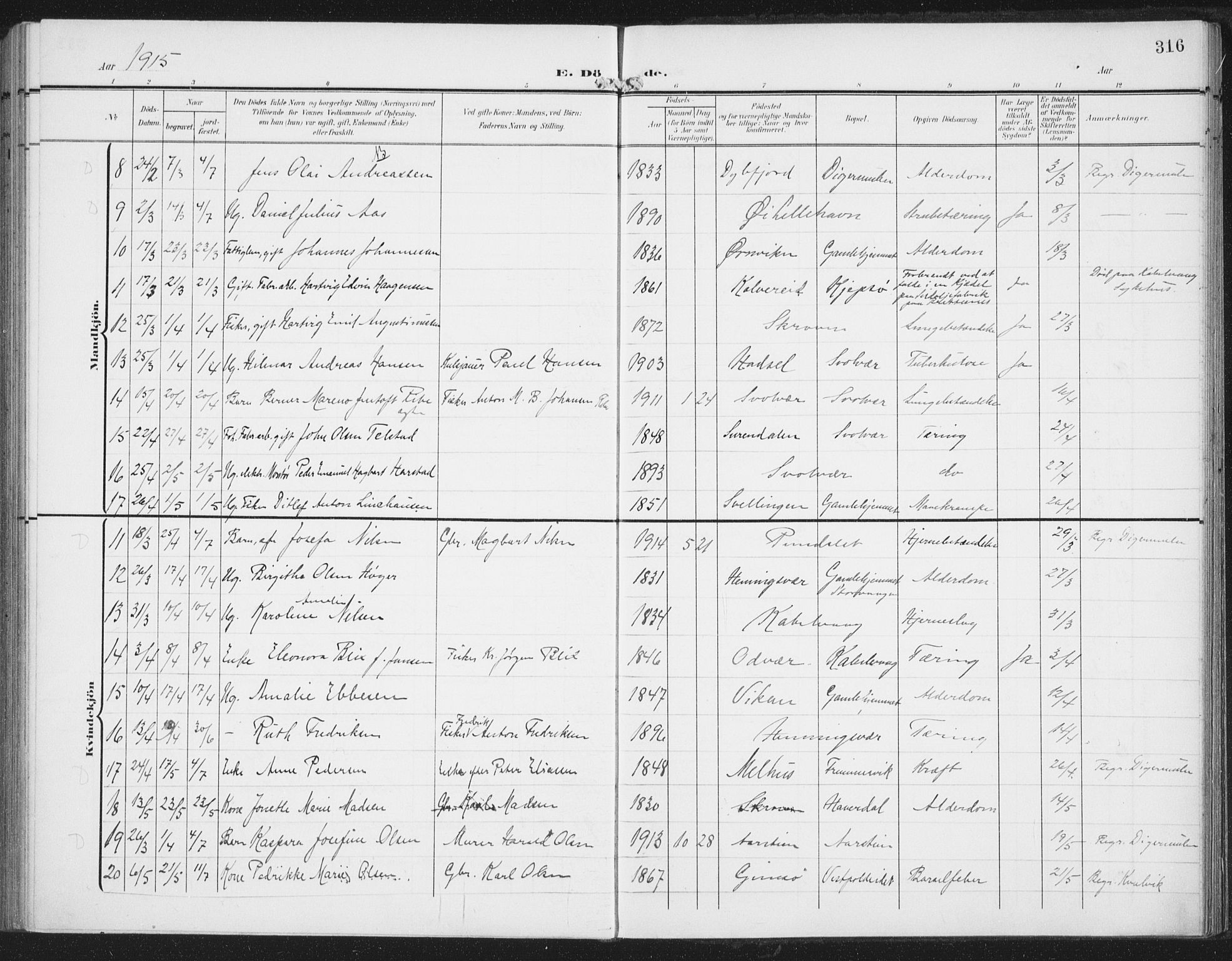 Ministerialprotokoller, klokkerbøker og fødselsregistre - Nordland, AV/SAT-A-1459/874/L1063: Parish register (official) no. 874A07, 1907-1915, p. 316