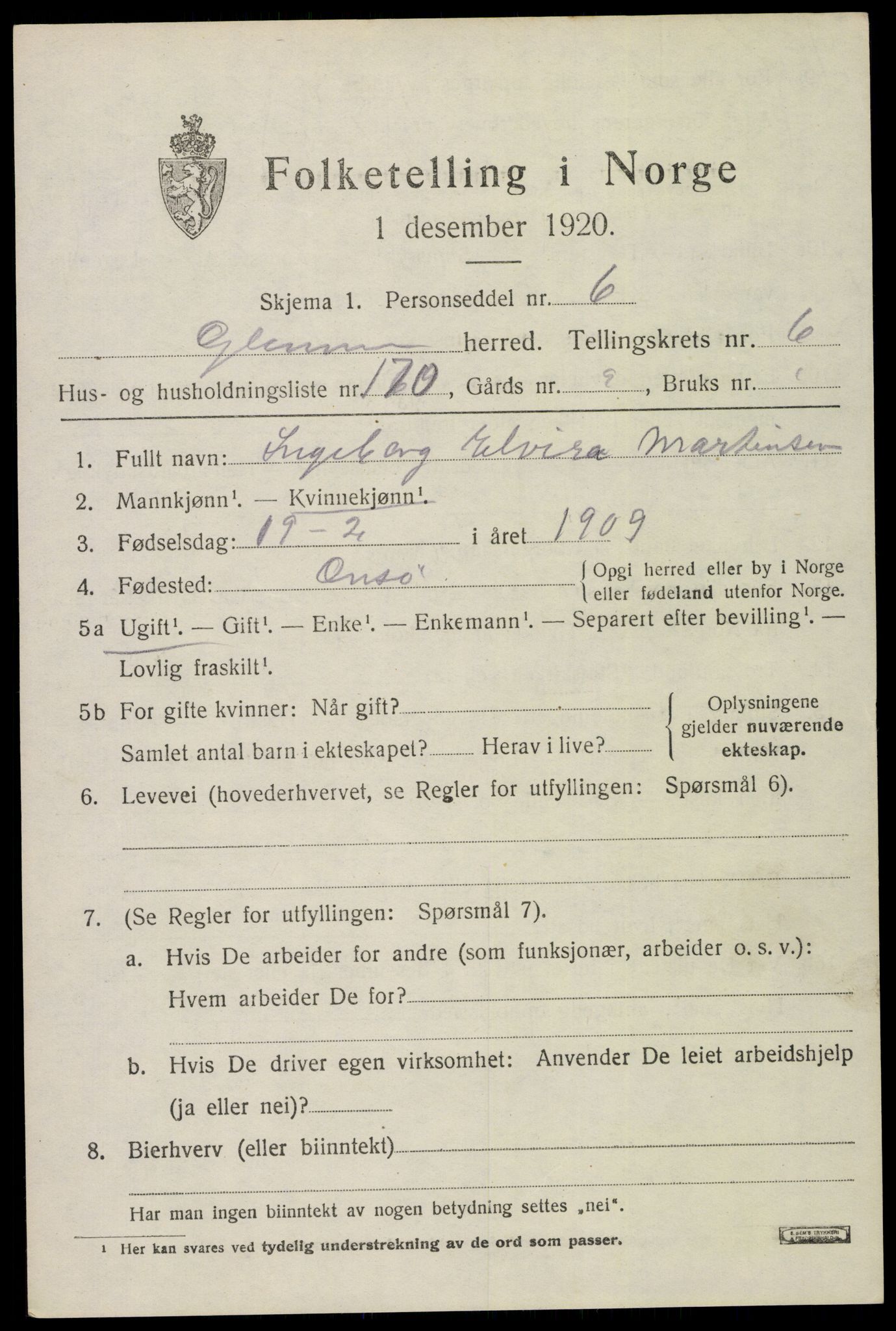 SAO, 1920 census for Glemmen, 1920, p. 21599