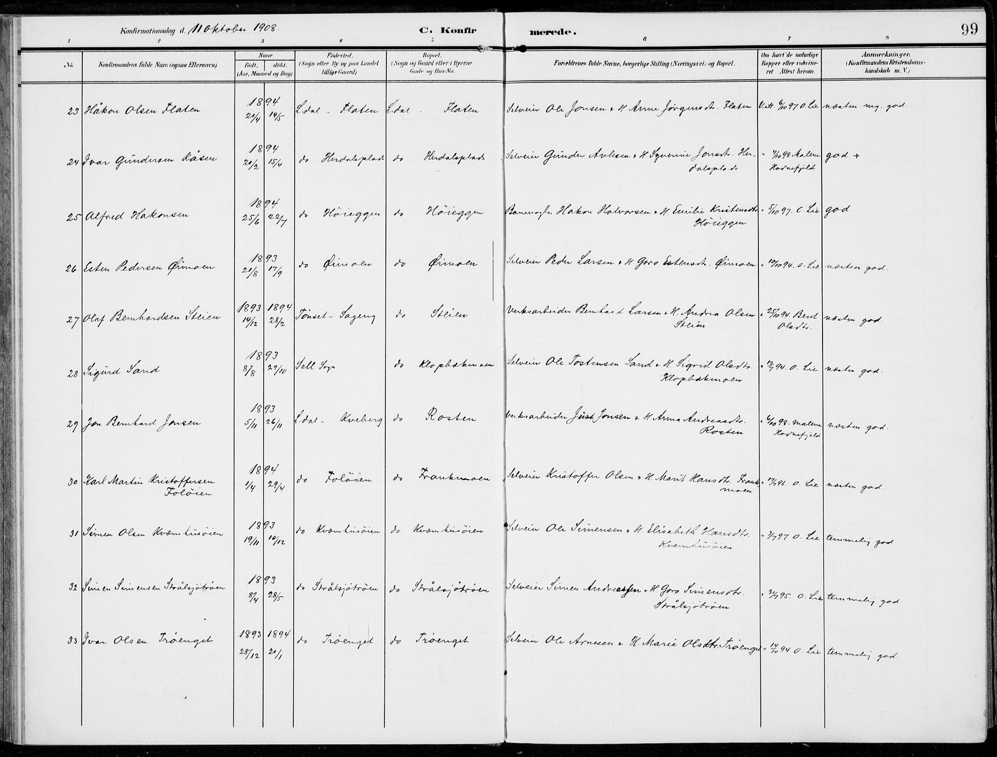 Alvdal prestekontor, AV/SAH-PREST-060/H/Ha/Haa/L0004: Parish register (official) no. 4, 1907-1919, p. 99