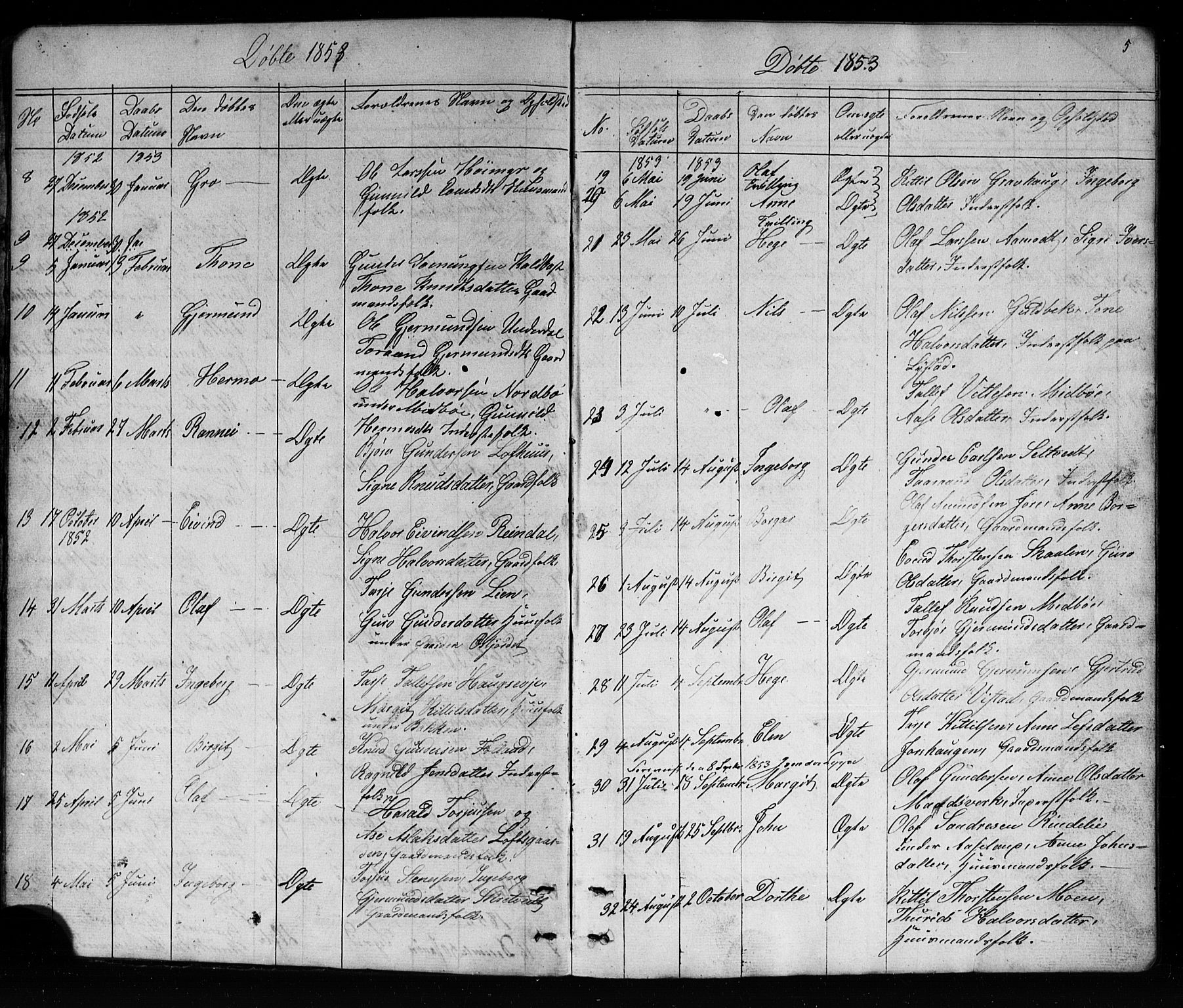 Mo kirkebøker, SAKO/A-286/G/Ga/L0001: Parish register (copy) no. I 1, 1851-1891, p. 5